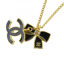 Chanel Necklace Coco Mark Ribbon Motif GP Plated Gold Black Ladies