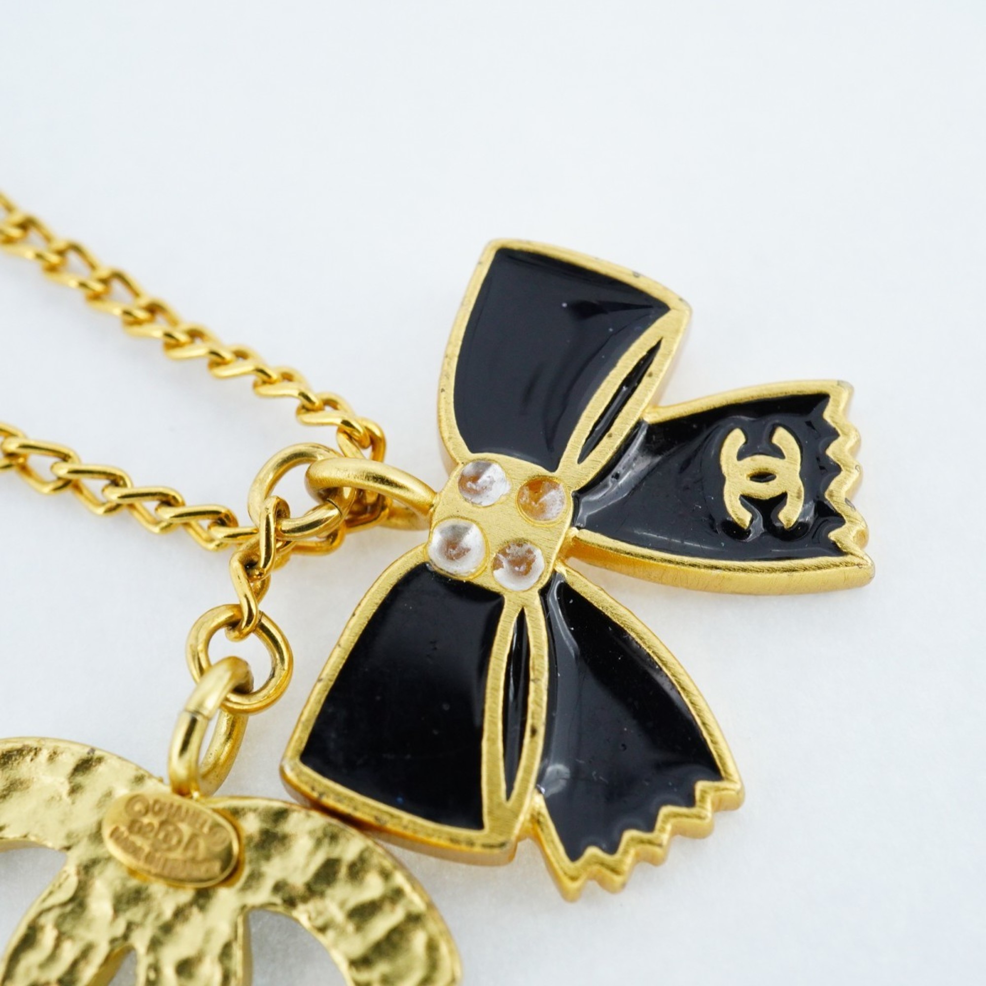 Chanel Necklace Coco Mark Ribbon Motif GP Plated Gold Black Ladies