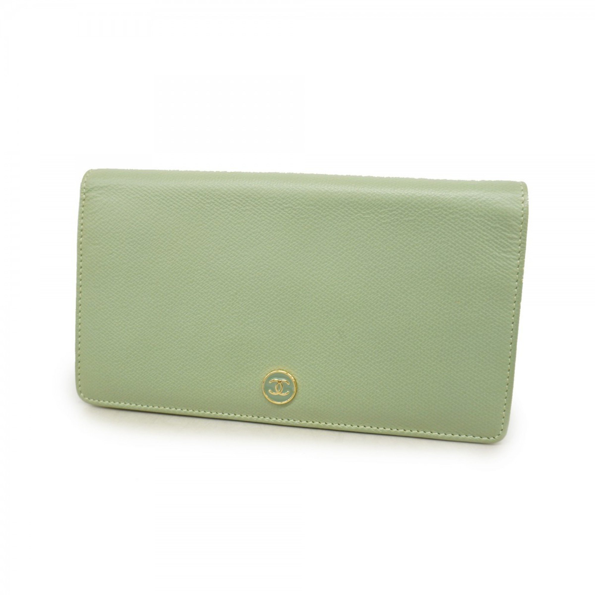 Chanel Long Wallet Coco Button Leather Green Women's