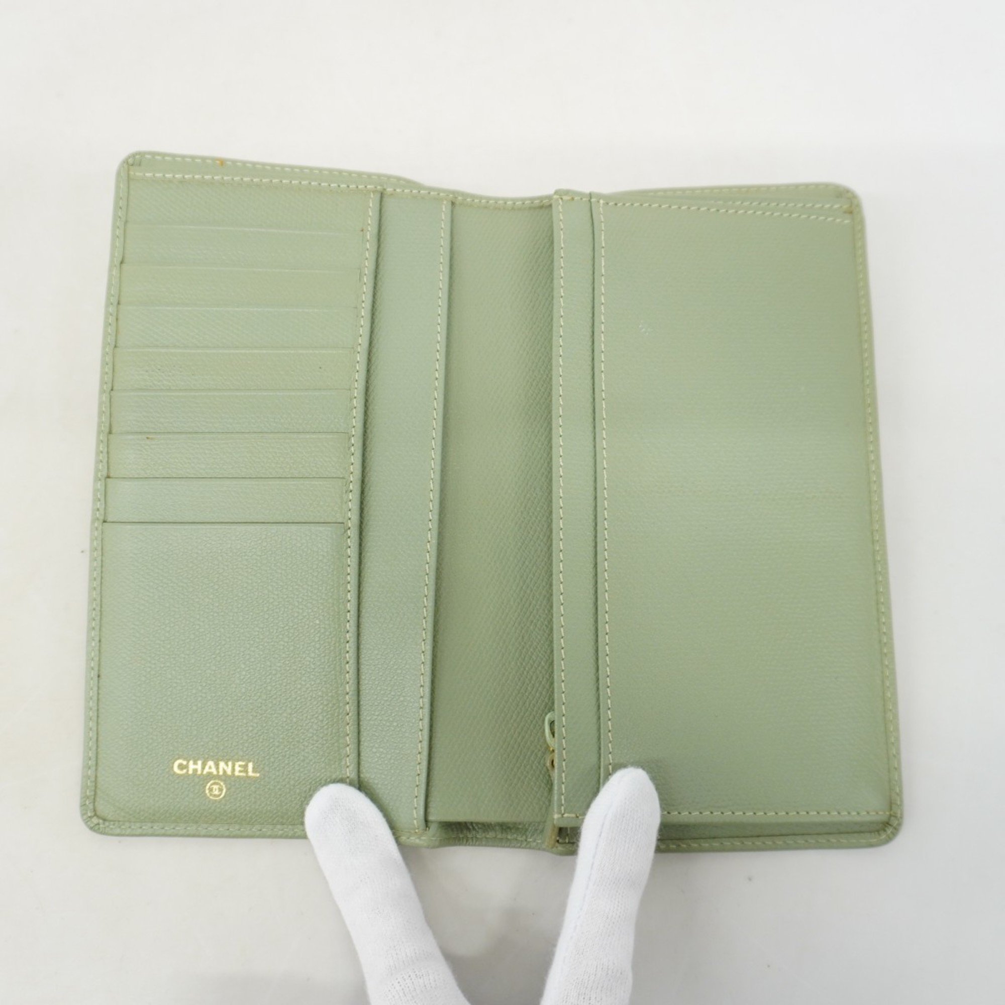 Chanel Long Wallet Coco Button Leather Green Women's