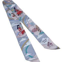 HERMES Twilly Silk Grey Pink Multicolor CARRES VOLANTS Pet Girl Scarf Muffler Collar Bag Accessory Women Men