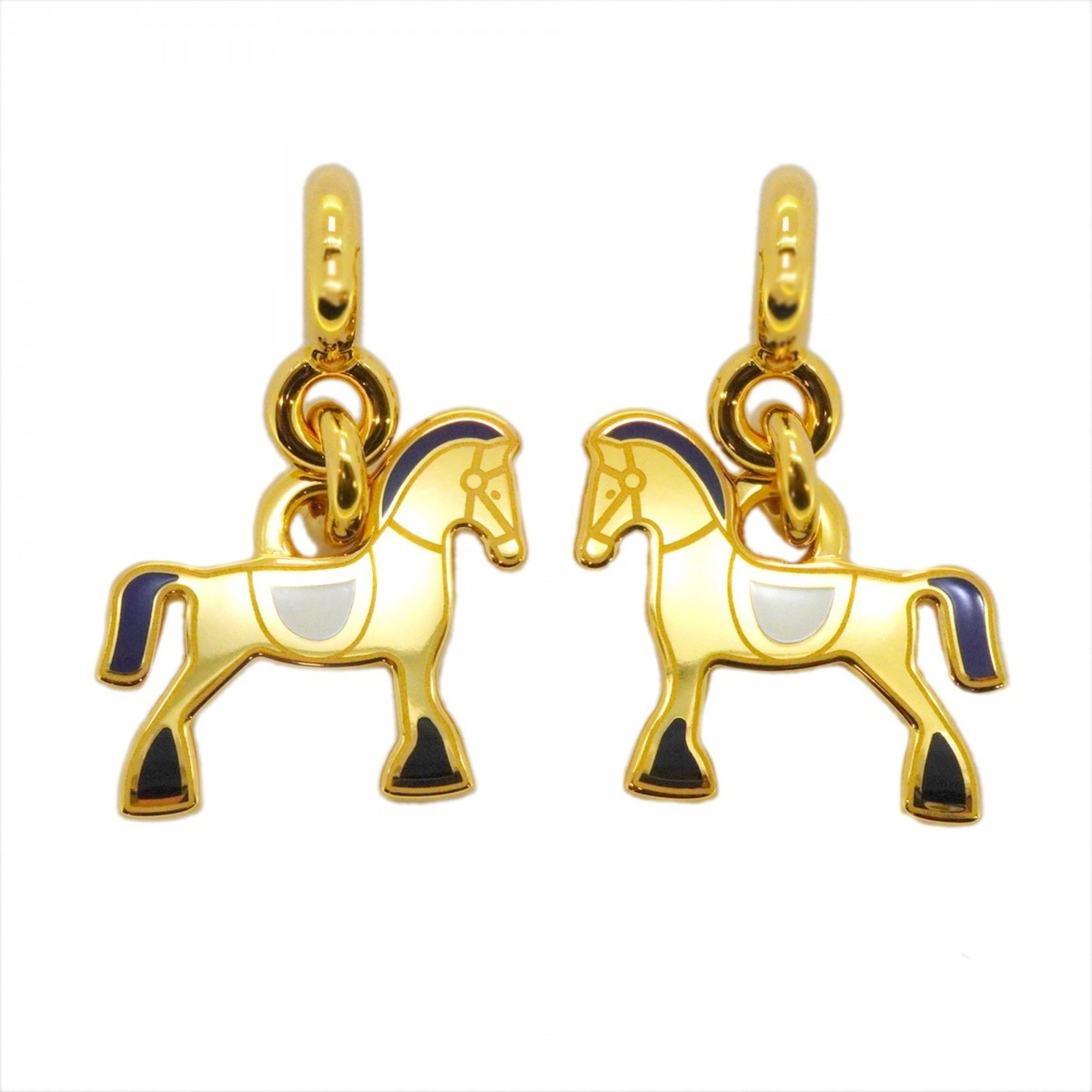 Hermes Earrings Cheval GP Plated Gold White Blue Ladies