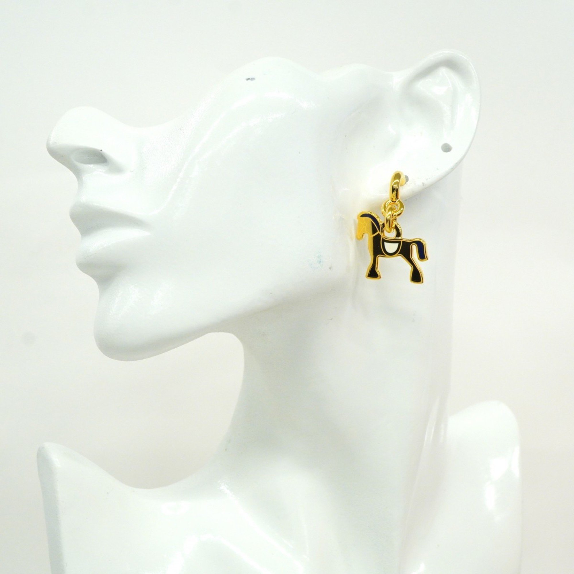 Hermes Earrings Cheval GP Plated Gold White Blue Ladies