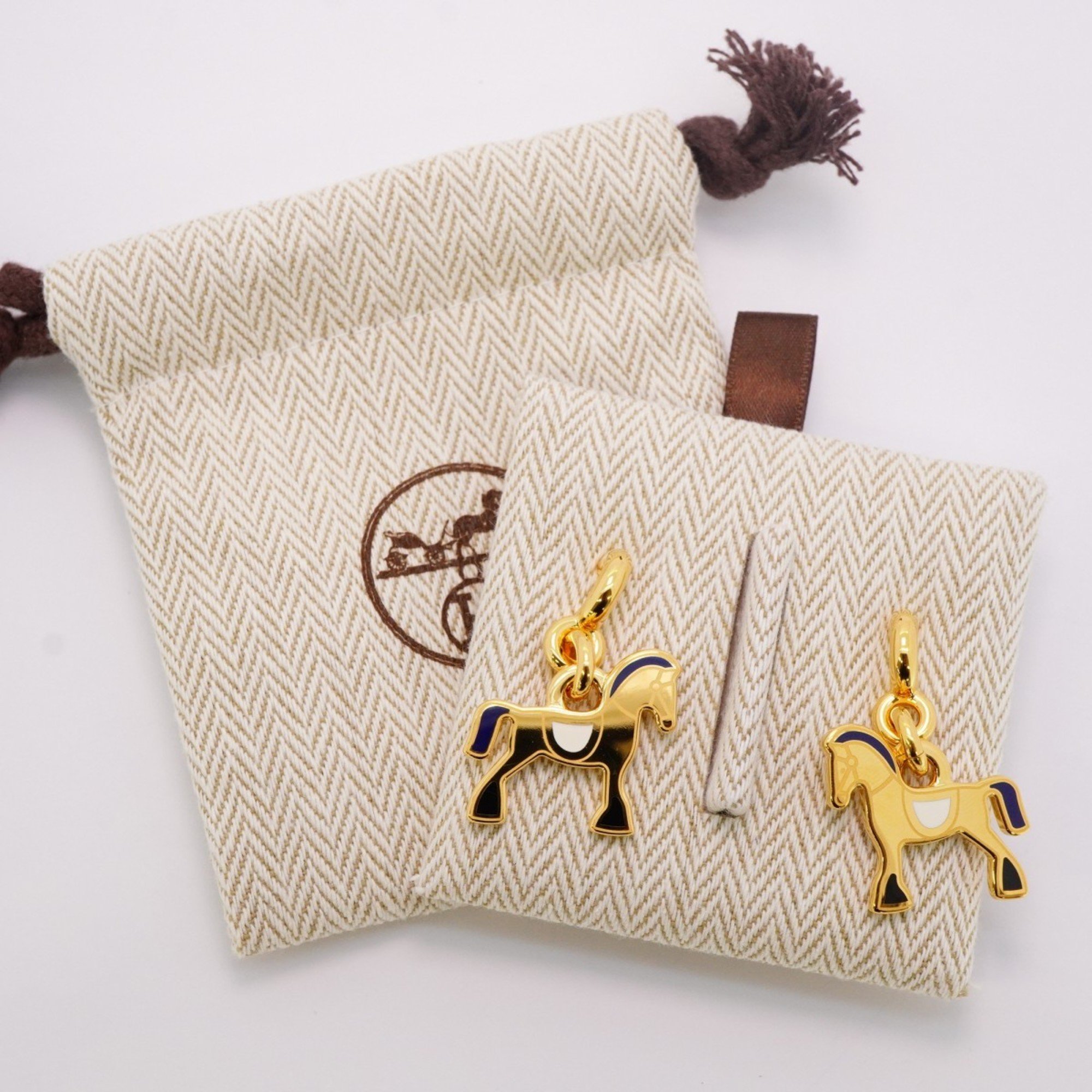 Hermes Earrings Cheval GP Plated Gold White Blue Ladies