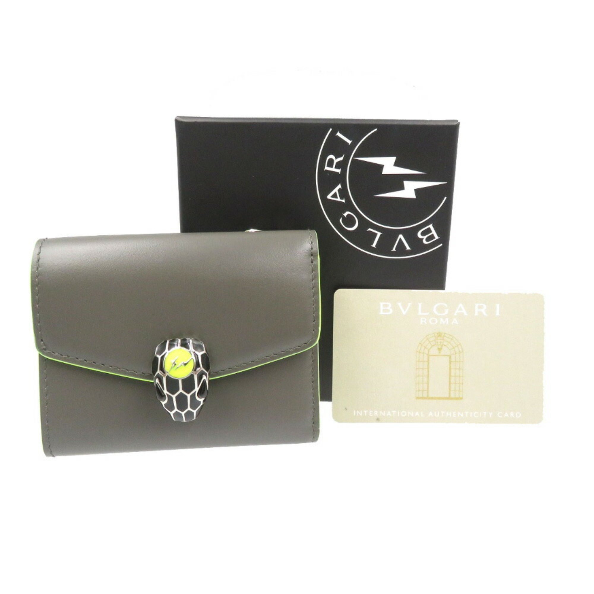 BVLGARI 289532 Serpeti Fragment Compact Wallet Leather Gray Yellow Tri-fold 1985BVLGARI