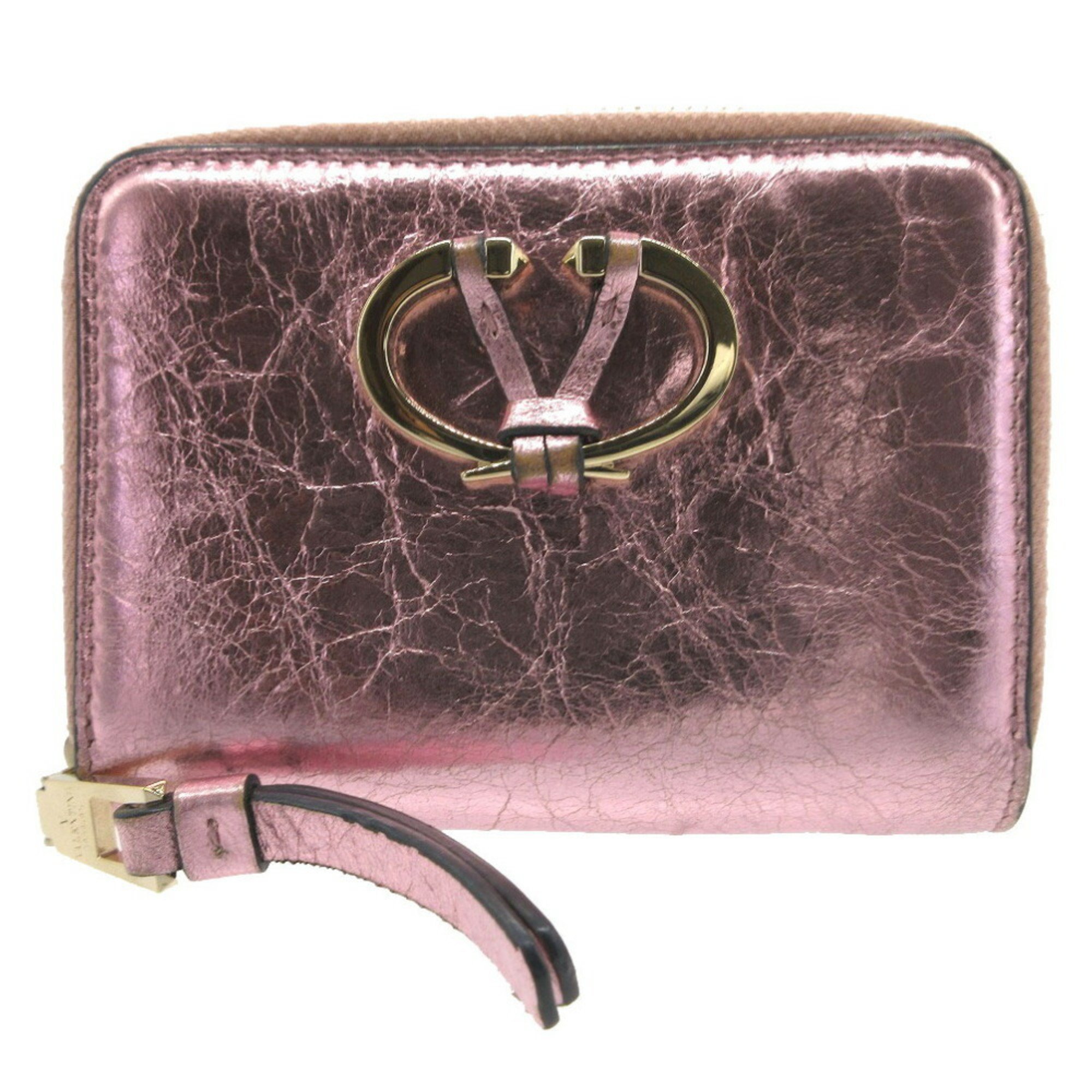 Valentino V Metal Color Wrinkled Coin Case Leather Metallic Pink 1164VALENTINO