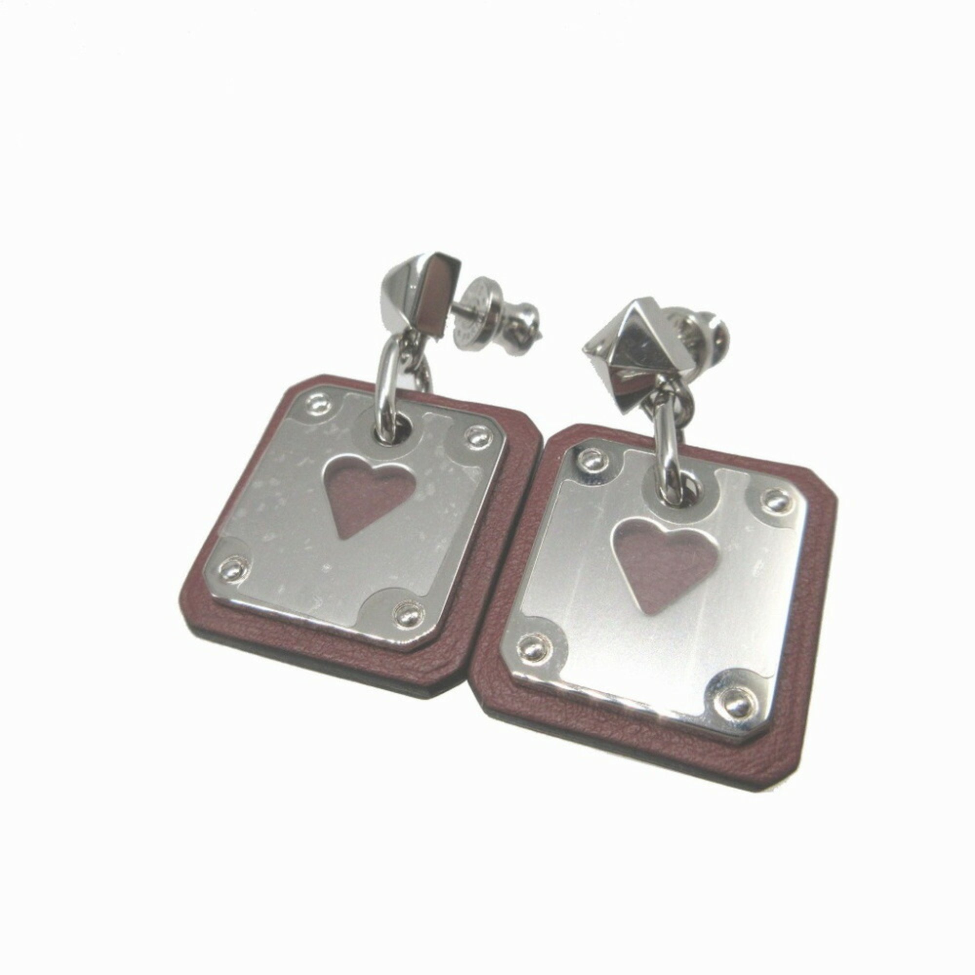 Hermes Asdukur Z engraved heart leather metal brown silver earrings 1256HERMES