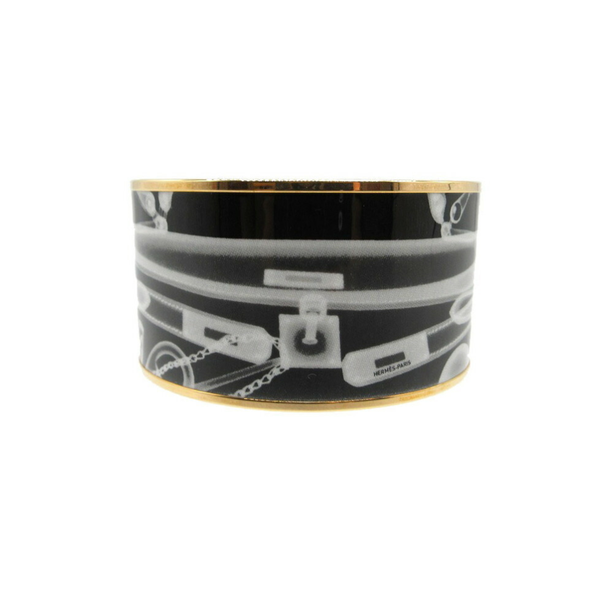 Hermes Please Check In Extra Large Bangle Metal/Enamel Black White 0169HERMES