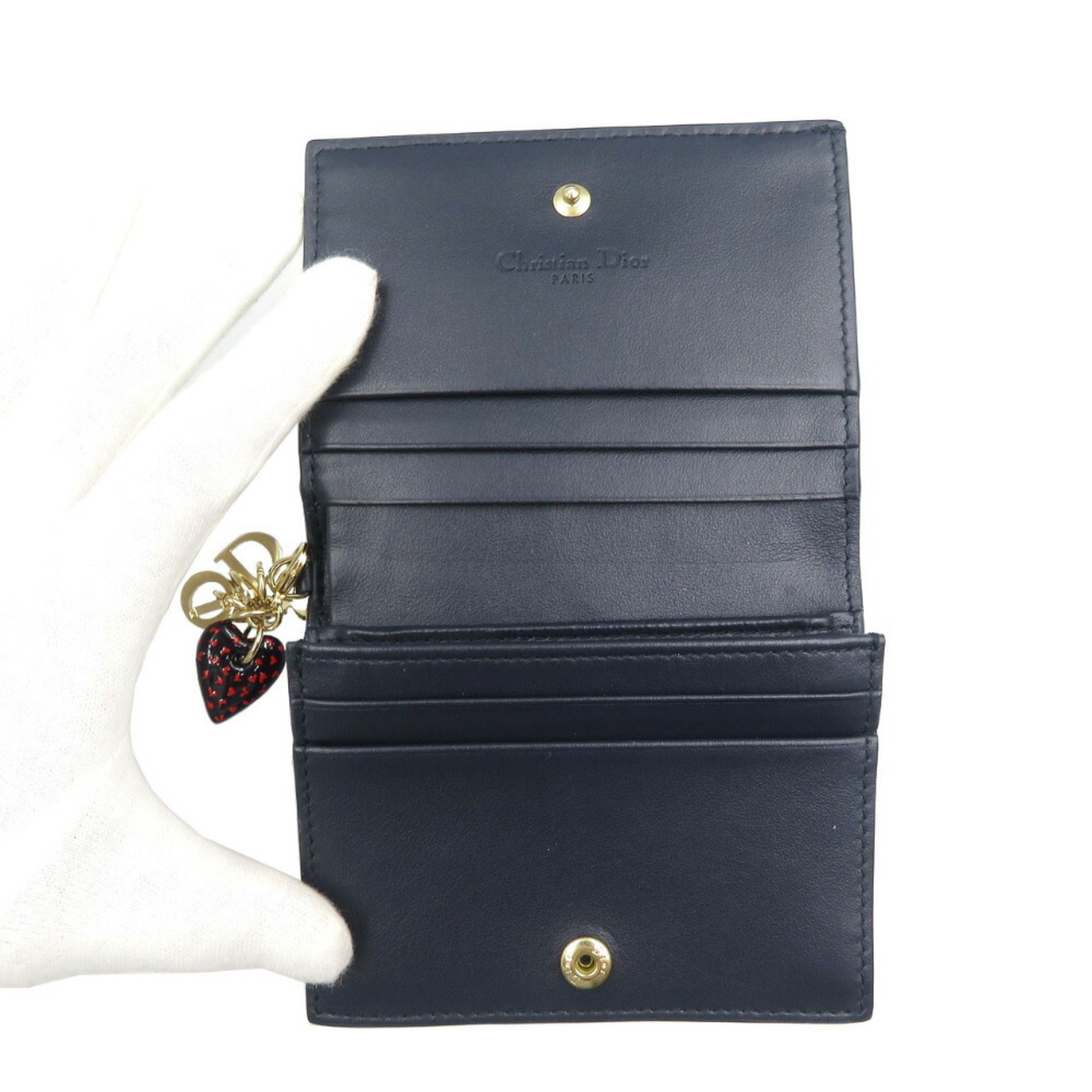 Christian Dior Lady Heart Leather Navy Red Bi-fold Wallet 1980Christian