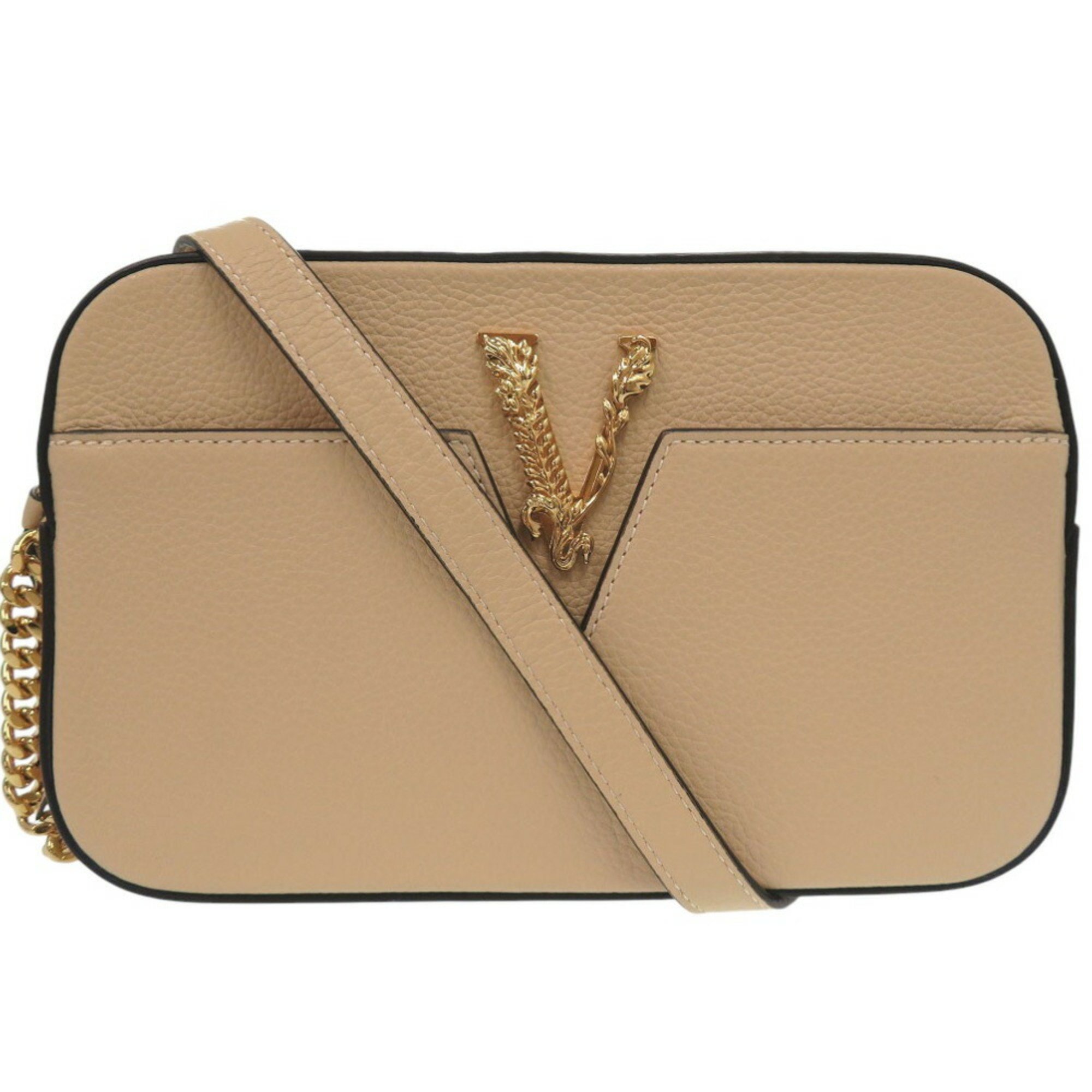 Versace Virtus Chain Shoulder Bag Beige Pouch Metal Icon Leather 0730VERSACE