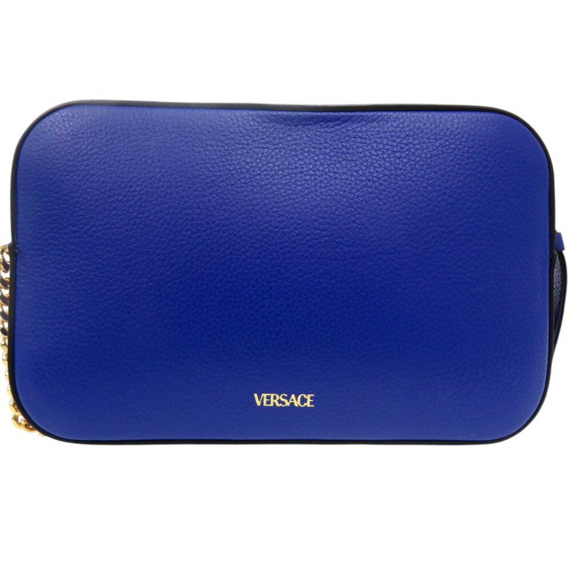 Versace Virtus Chain Shoulder Bag Pouch Metal Icon Leather Blue 0729VERSACE