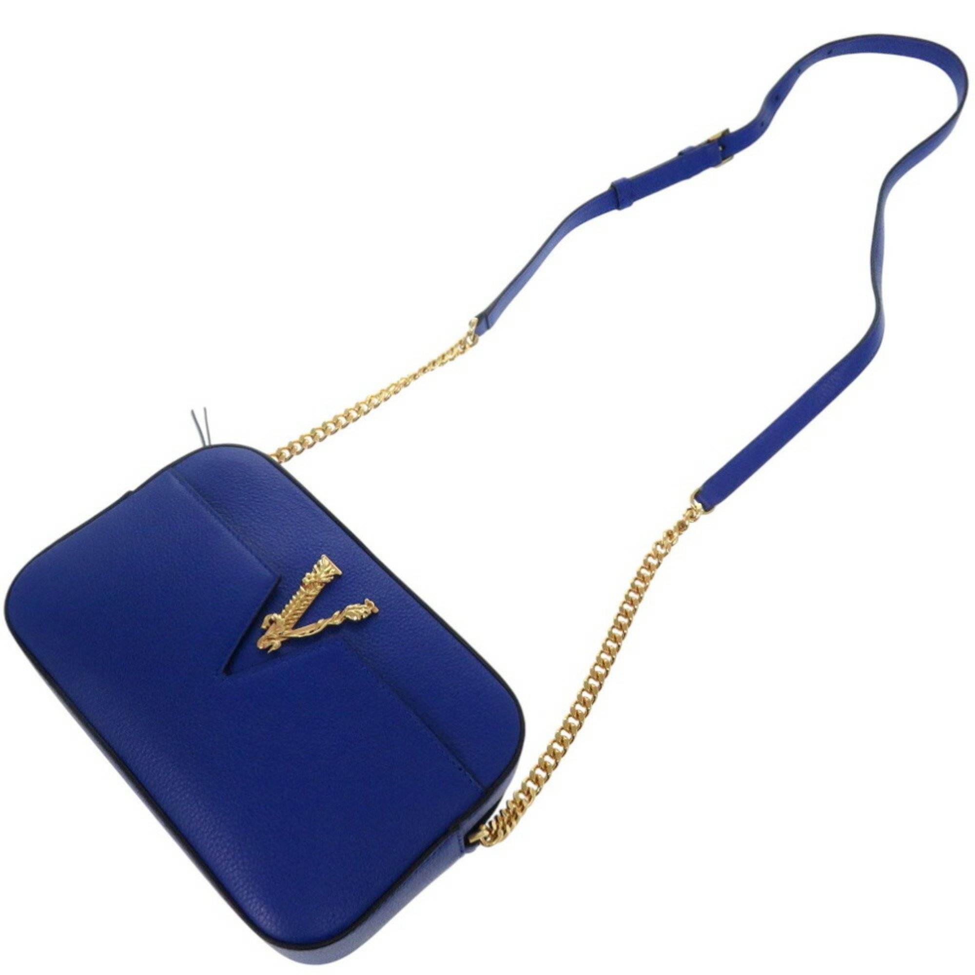 Versace Virtus Chain Shoulder Bag Pouch Metal Icon Leather Blue 0729VERSACE