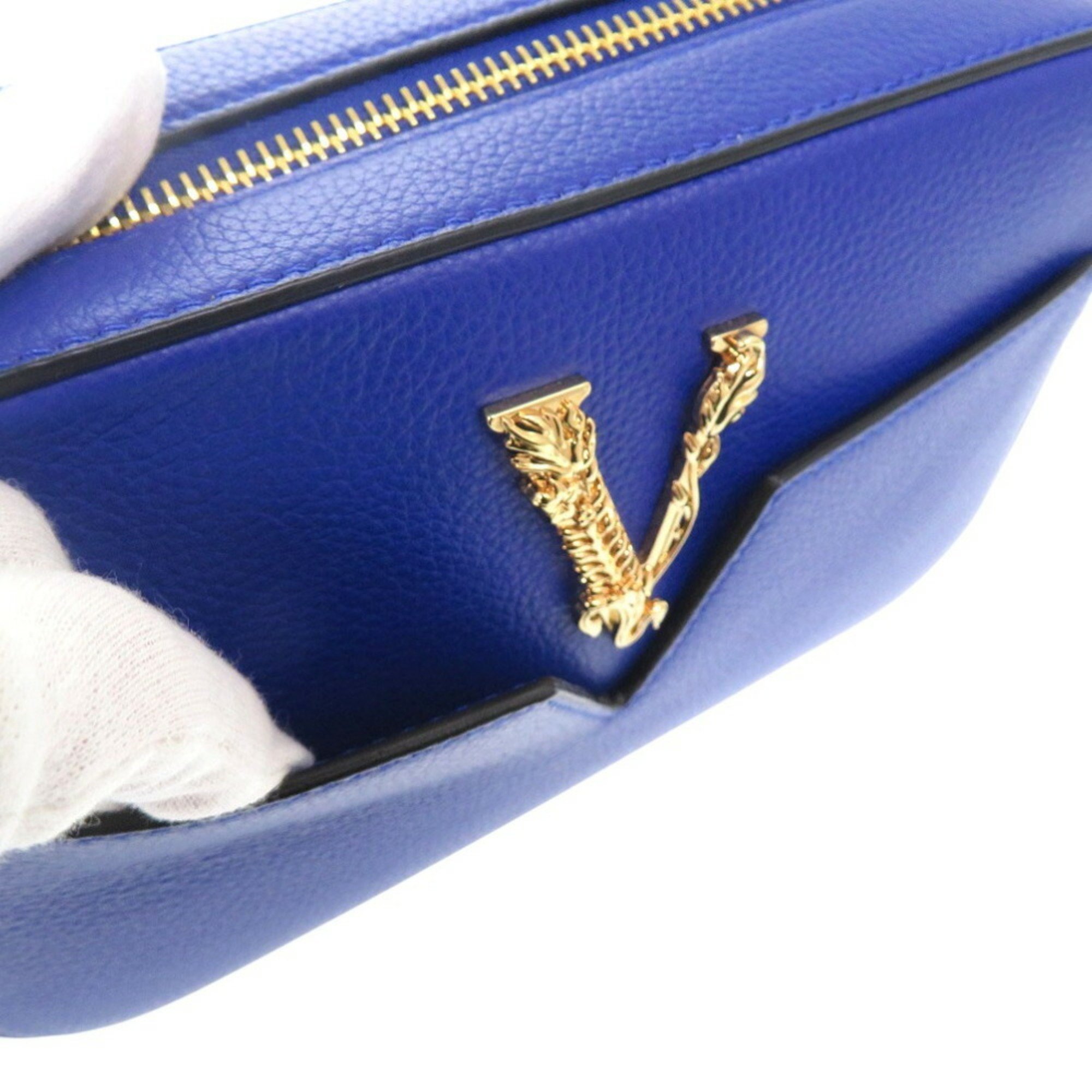 Versace Virtus Chain Shoulder Bag Pouch Metal Icon Leather Blue 0729VERSACE