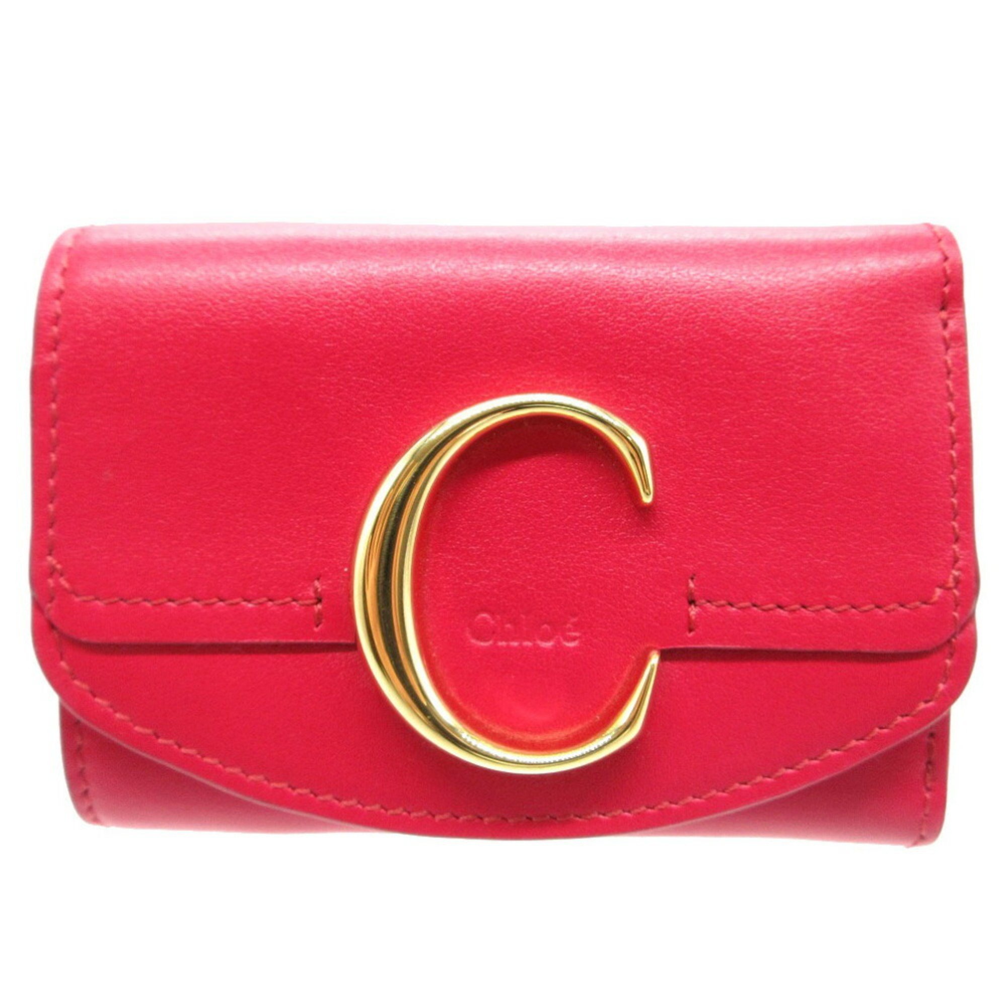 Chloé Chloe Sea Compact Wallet Tri-fold Leather/Calf Leather Crimson Pink 1533Chloe