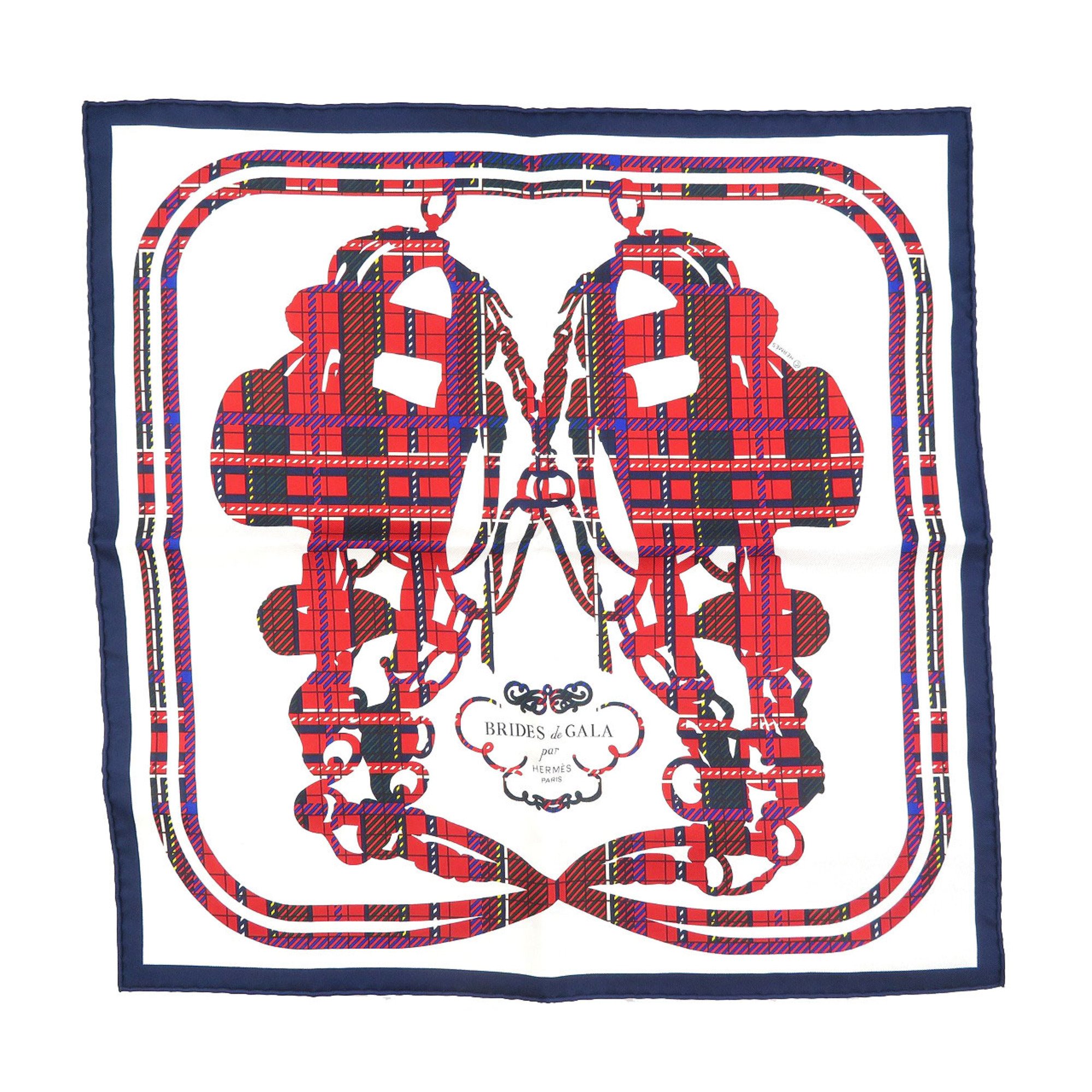 Hermes Carre 45 Cavroche Brides de Gala Tartan Silk White Red Navy Scarf Muffler 1335HERMES