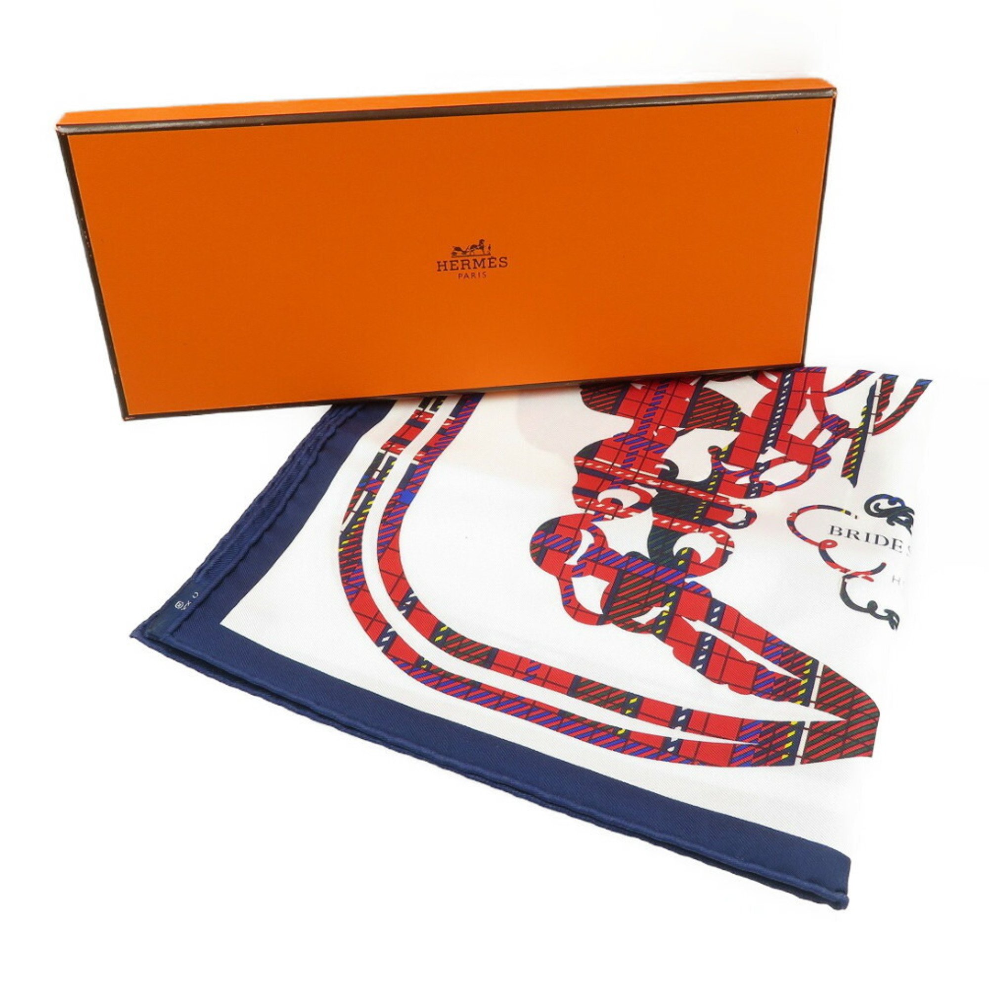 Hermes Carre 45 Cavroche Brides de Gala Tartan Silk White Red Navy Scarf Muffler 1335HERMES