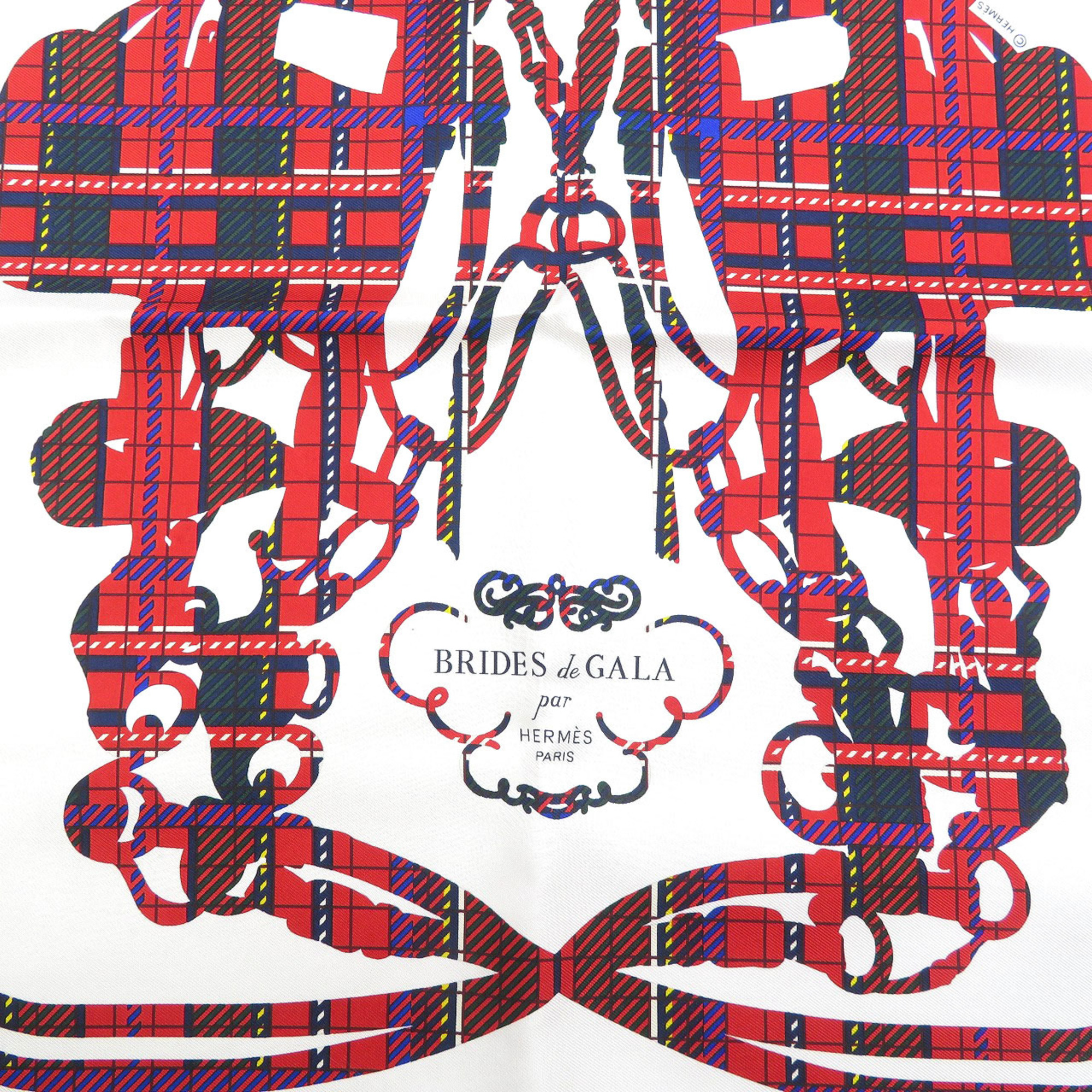 Hermes Carre 45 Cavroche Brides de Gala Tartan Silk White Red Navy Scarf Muffler 1335HERMES