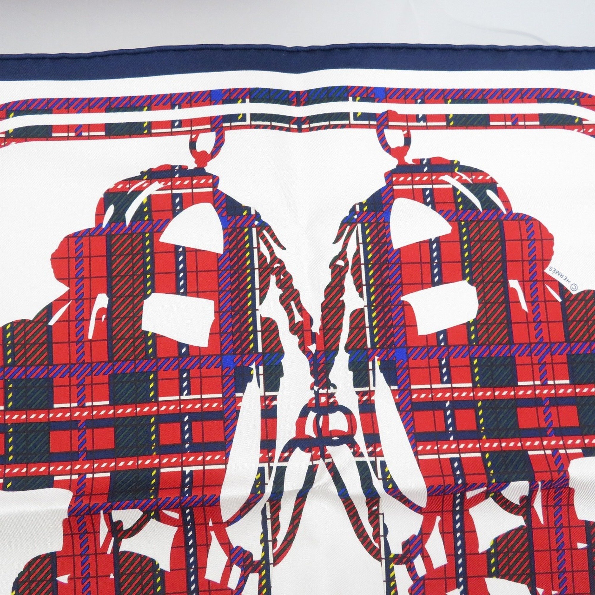 Hermes Carre 45 Cavroche Brides de Gala Tartan Silk White Red Navy Scarf Muffler 1335HERMES