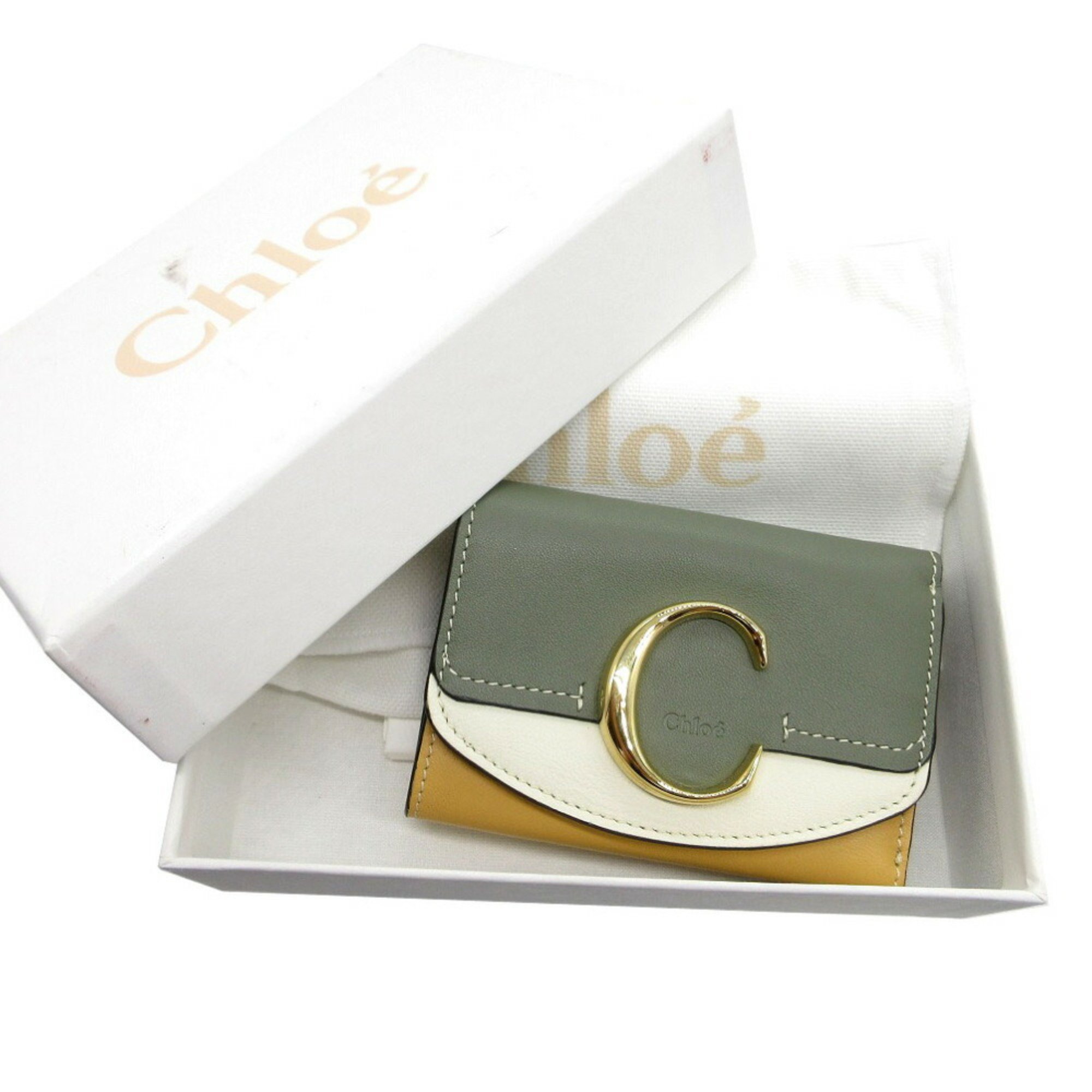 Chloé Chloe Sea Compact Wallet Tri-fold Leather/Calf Leather Multicolor Khaki Yellow 1534Chloe