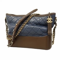 Chanel Shoulder Bag Gabrielle Calfskin Navy Brown Gold Women's