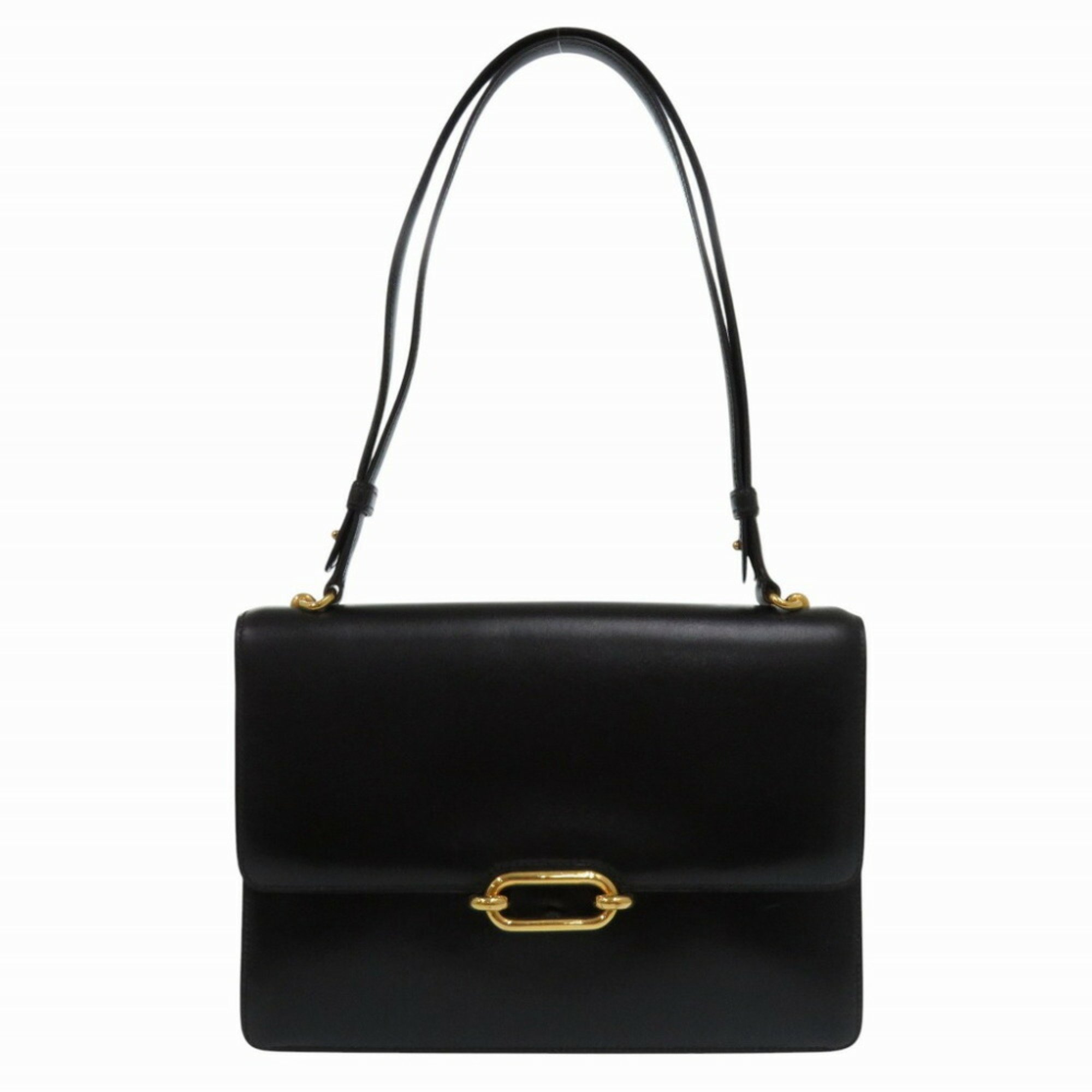 Hermes Fonsbell Box Calf Black Shoulder Bag 〇I (Made in 1979) 1290HERMES