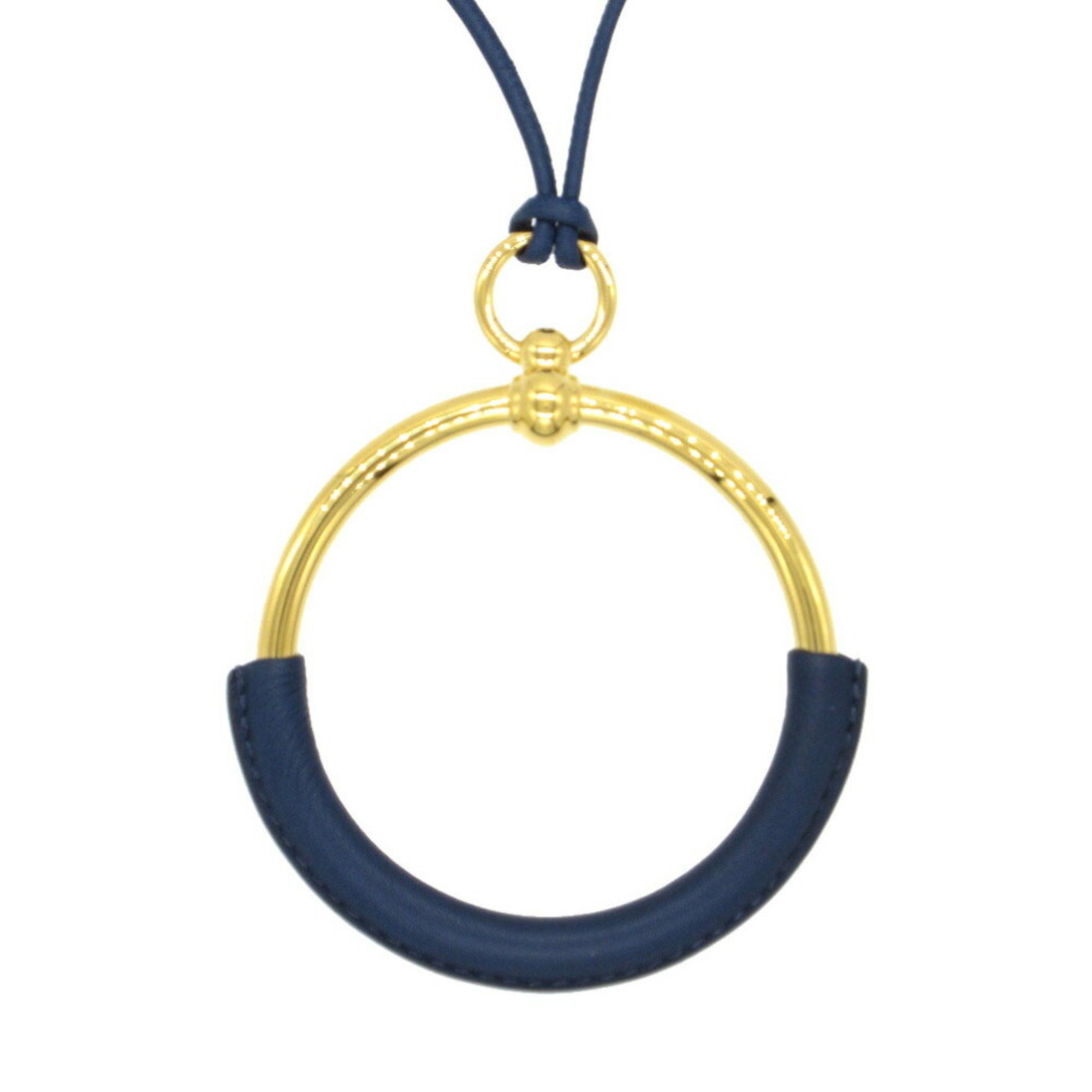 Hermes Loop Grand Pendant Swift Leather Navy Necklace 0854HERMES