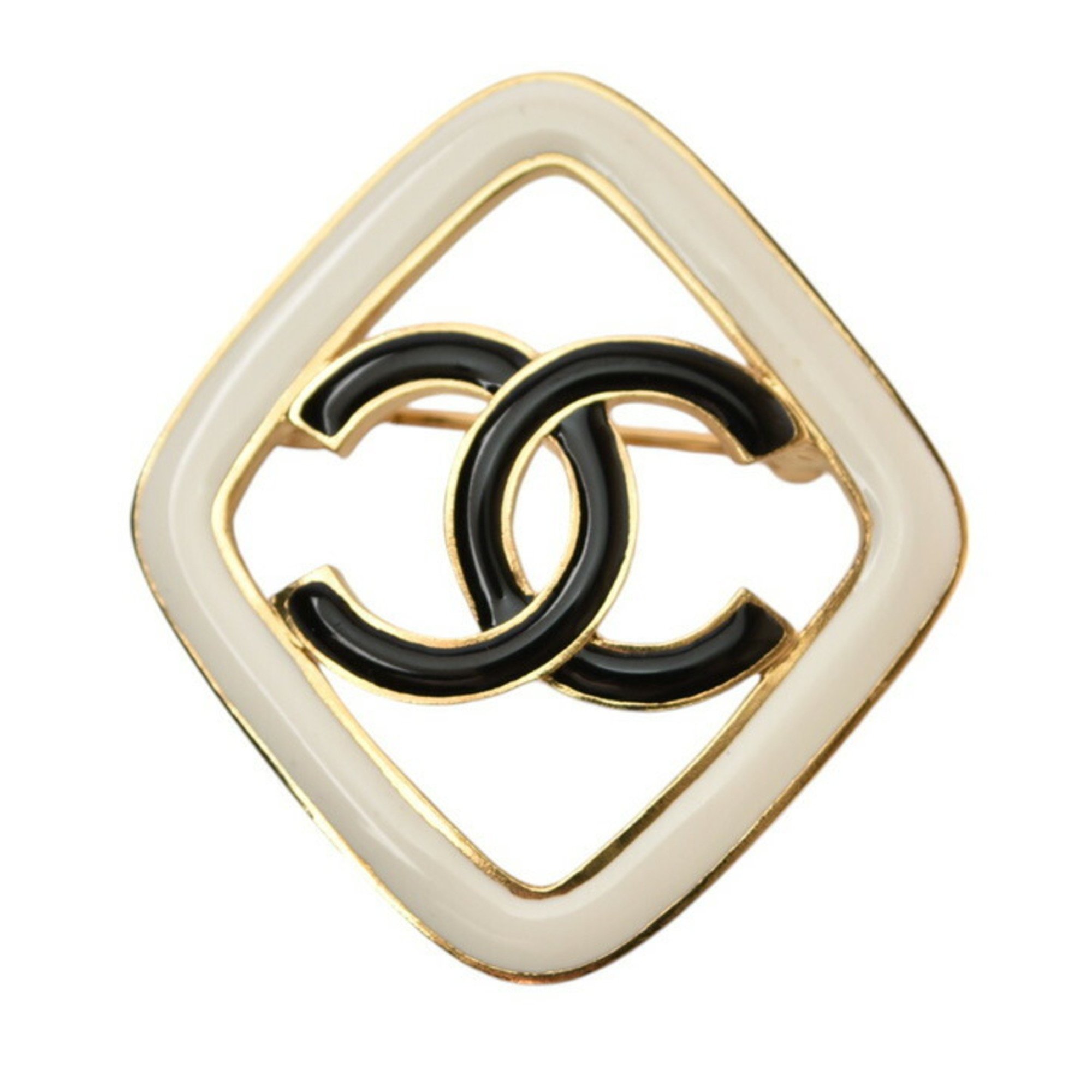 CHANEL Brooch Pin Diamond Motif CC Coco Mark Black Ivory Gold