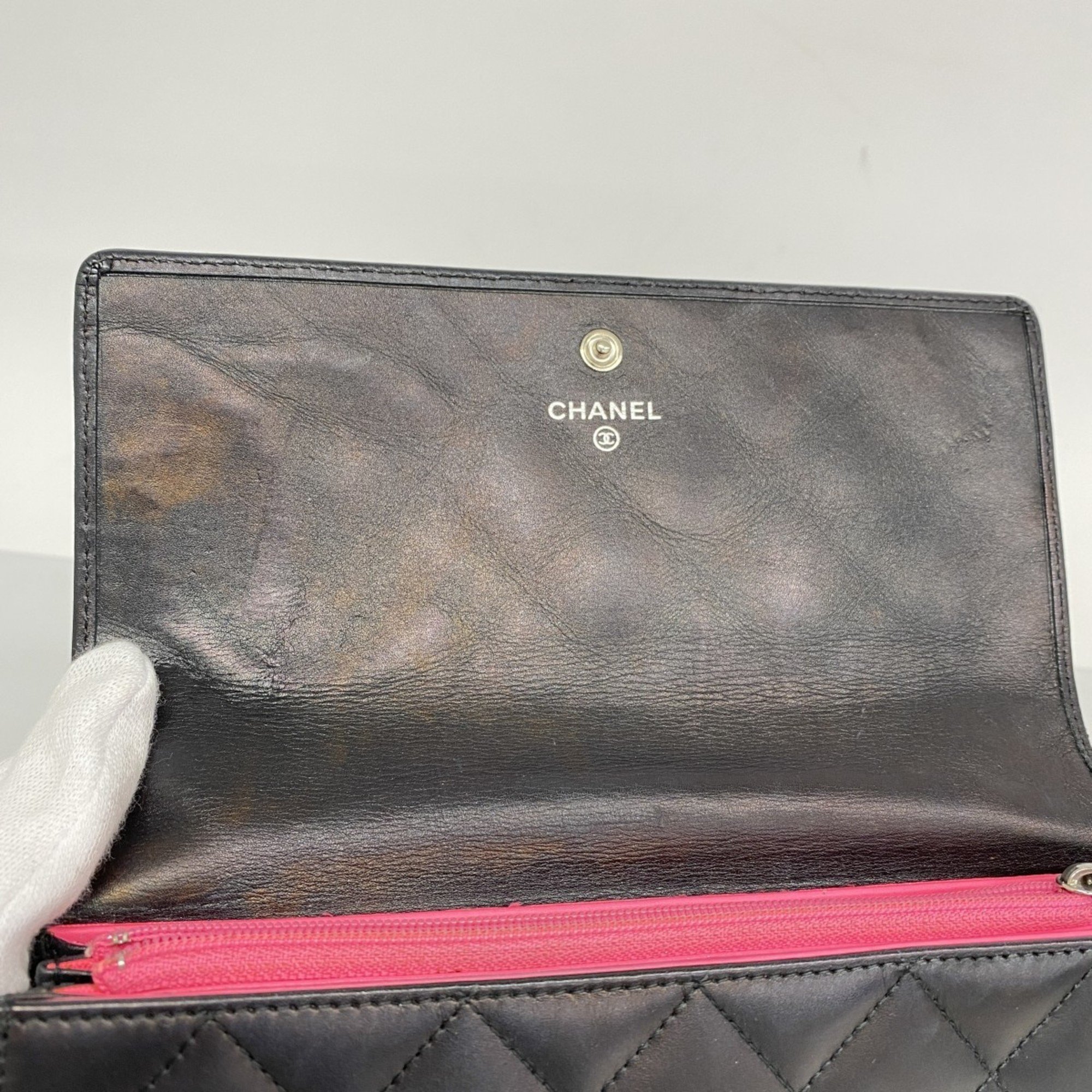 Chanel Long Wallet Cambon Lambskin Patent Leather Black Women's