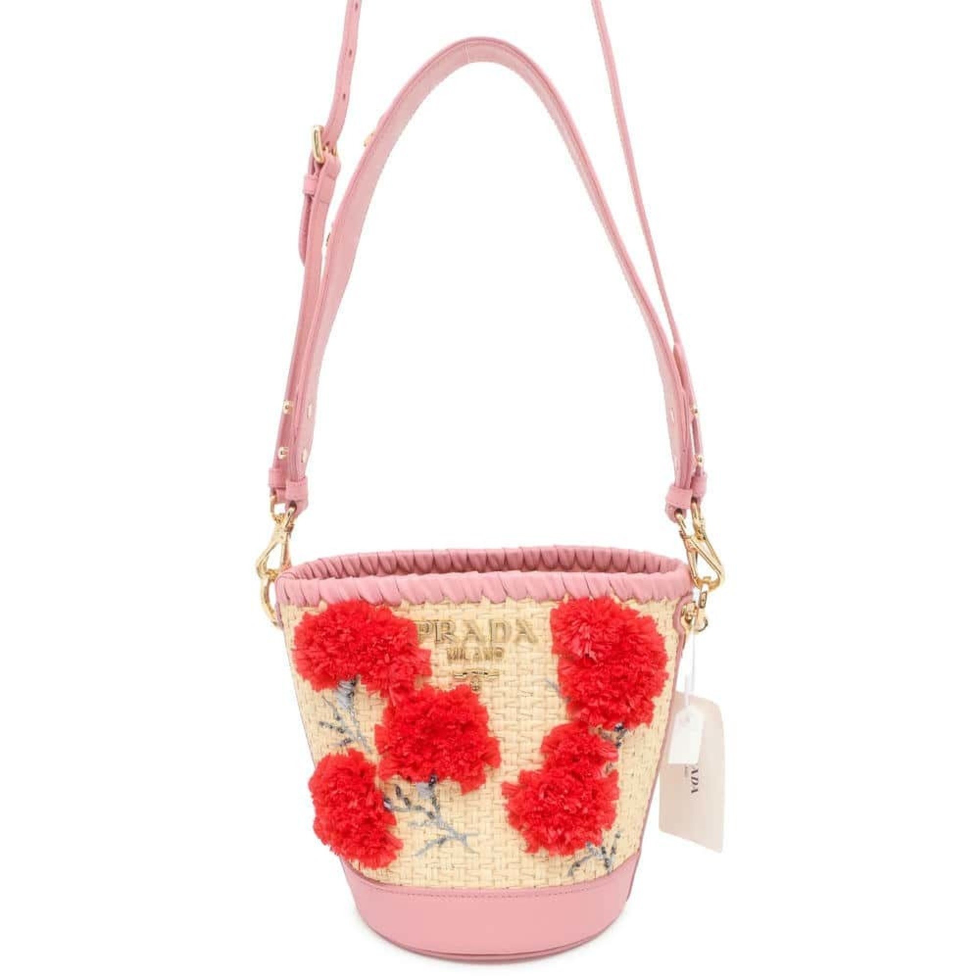 Prada Shoulder Bag Bucket Flower Raffia Leather 1BE008 PRADA 2way