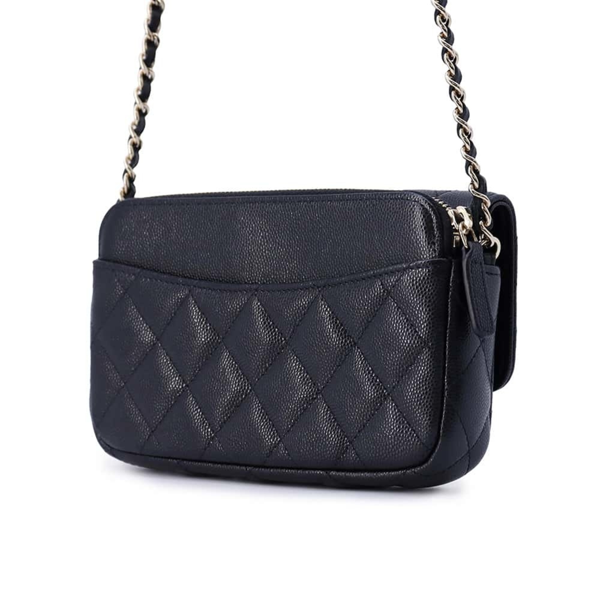 Chanel Chain Shoulder Bag Flap Phone Case Matelasse Coco Mark Caviar Skin AP2096 Pochette Black