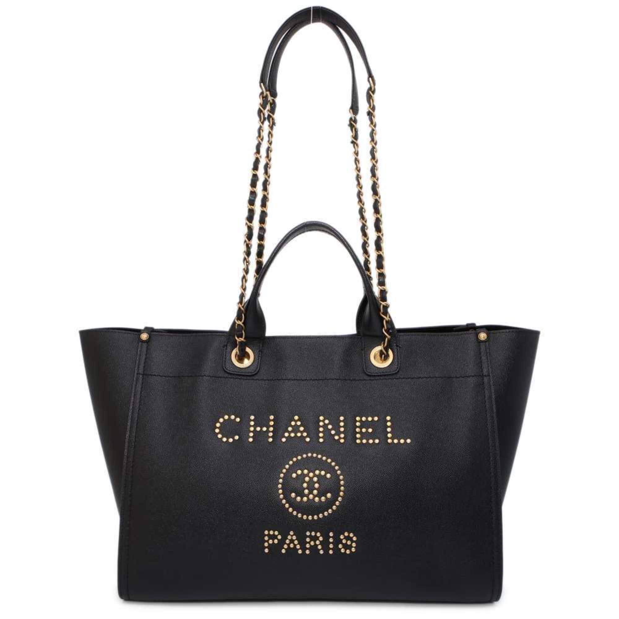 CHANEL Tote Bag Deauville Coco Mark Studs Large Caviar Skin A57067 Black