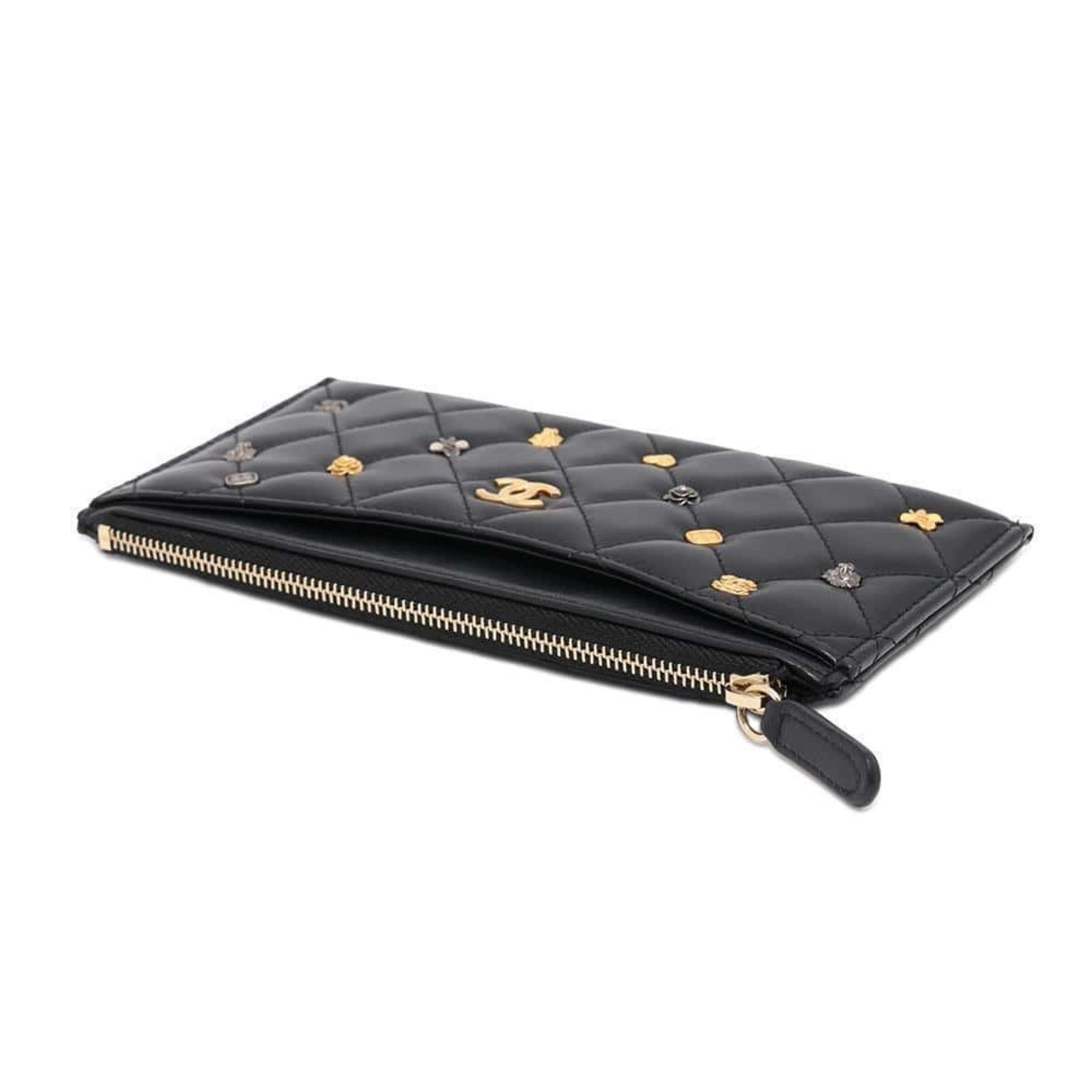 Chanel Long Wallet Matelasse Symbol Charm Coco Mark Lambskin CHANEL Pouch Black