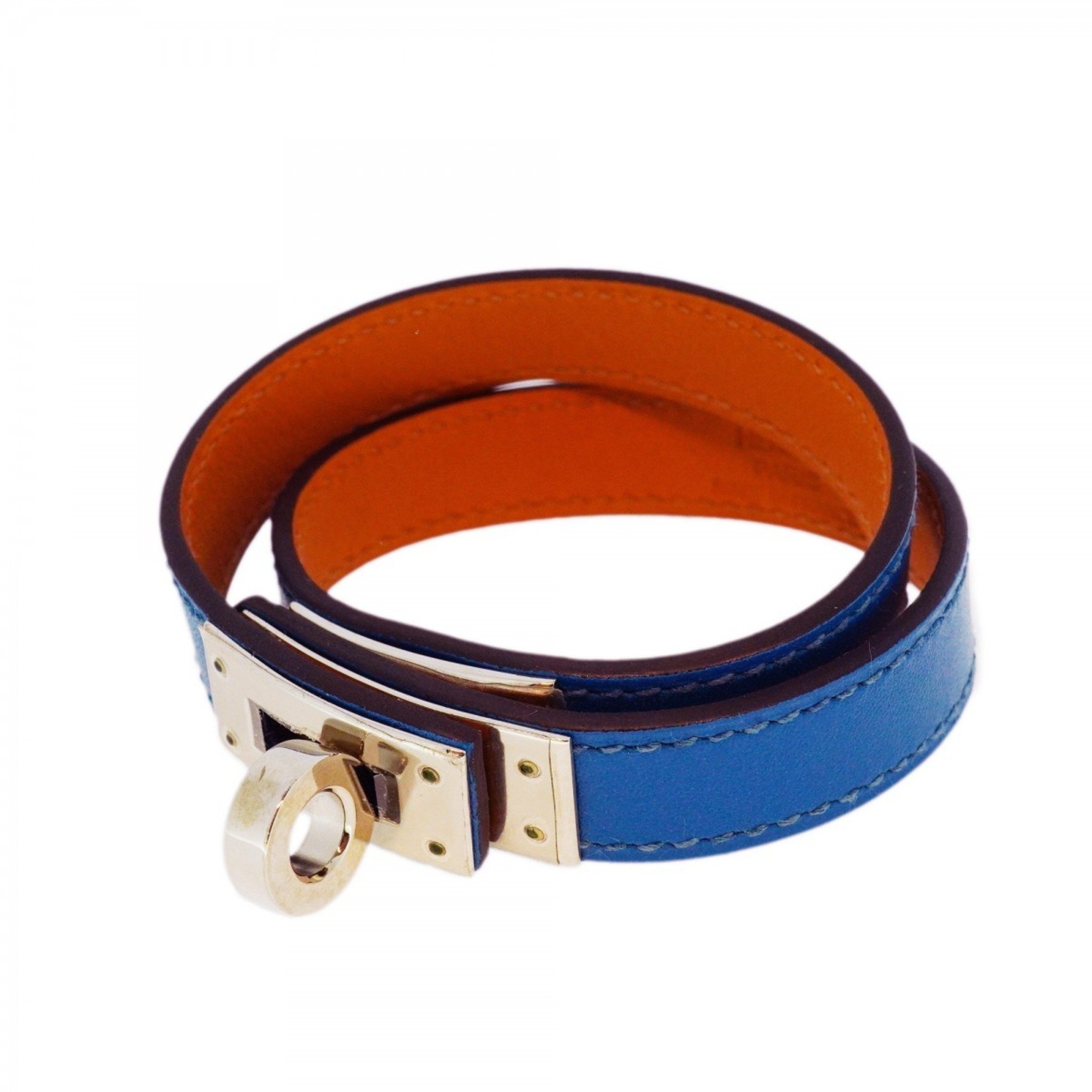 Hermes Bracelet Kelly Double Tour Metal Leather Silver Blue Brown □Q Engraved Ladies