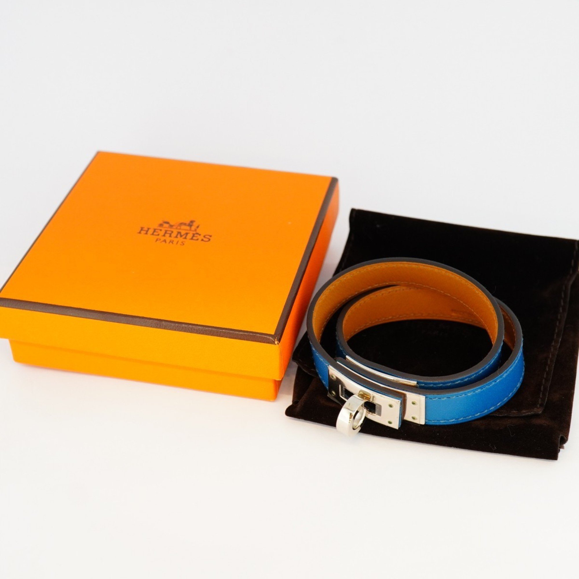 Hermes Bracelet Kelly Double Tour Metal Leather Silver Blue Brown □Q Engraved Ladies