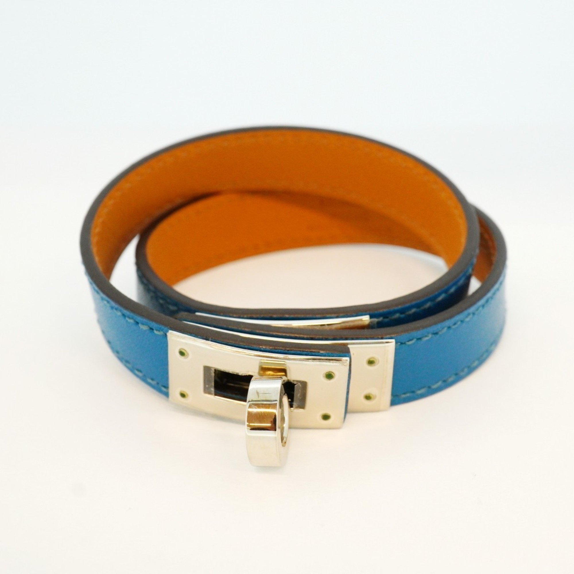 Hermes Bracelet Kelly Double Tour Metal Leather Silver Blue Brown □Q Engraved Ladies