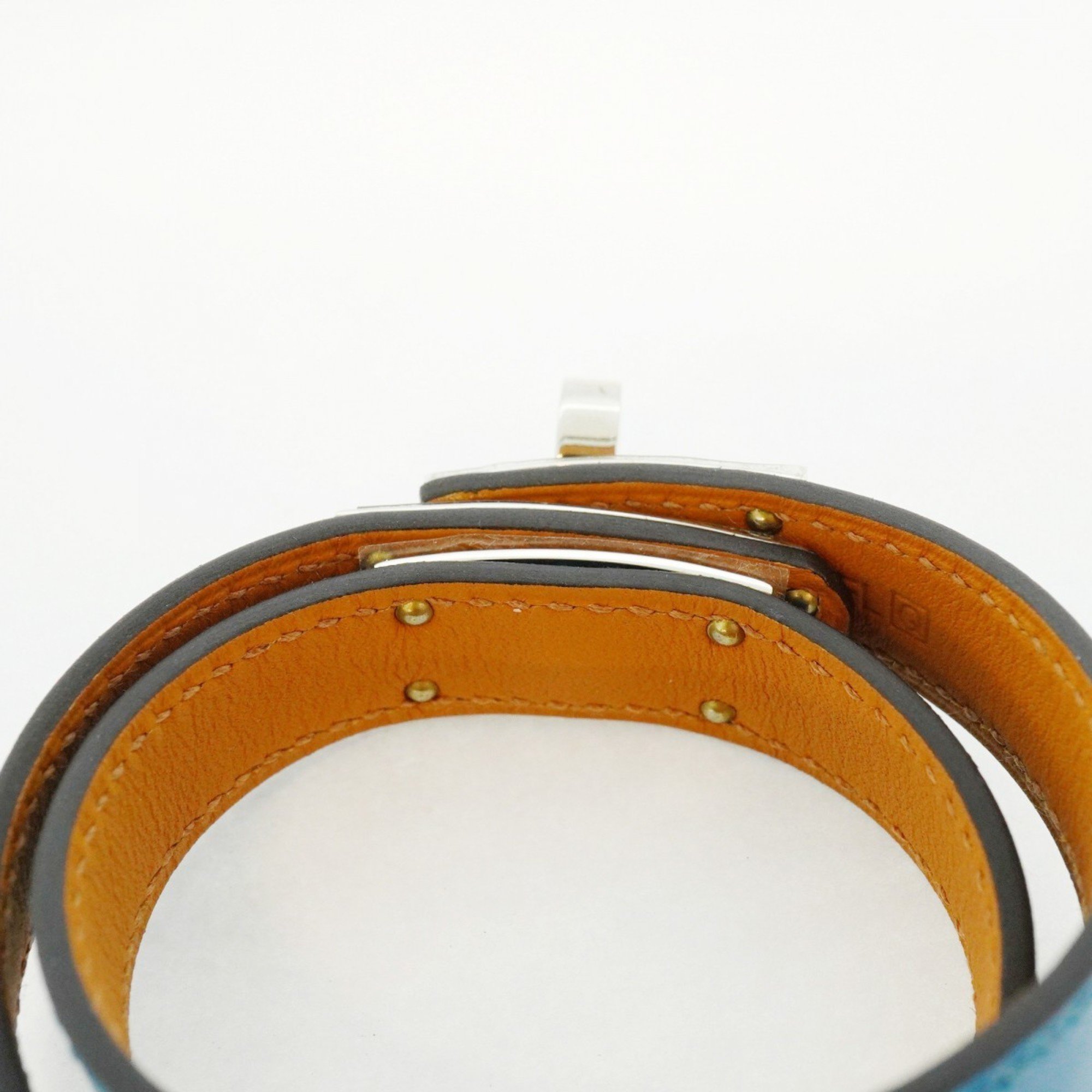 Hermes Bracelet Kelly Double Tour Metal Leather Silver Blue Brown □Q Engraved Ladies