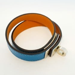 Hermes Bracelet Kelly Double Tour Metal Leather Silver Blue Brown □Q Engraved Ladies