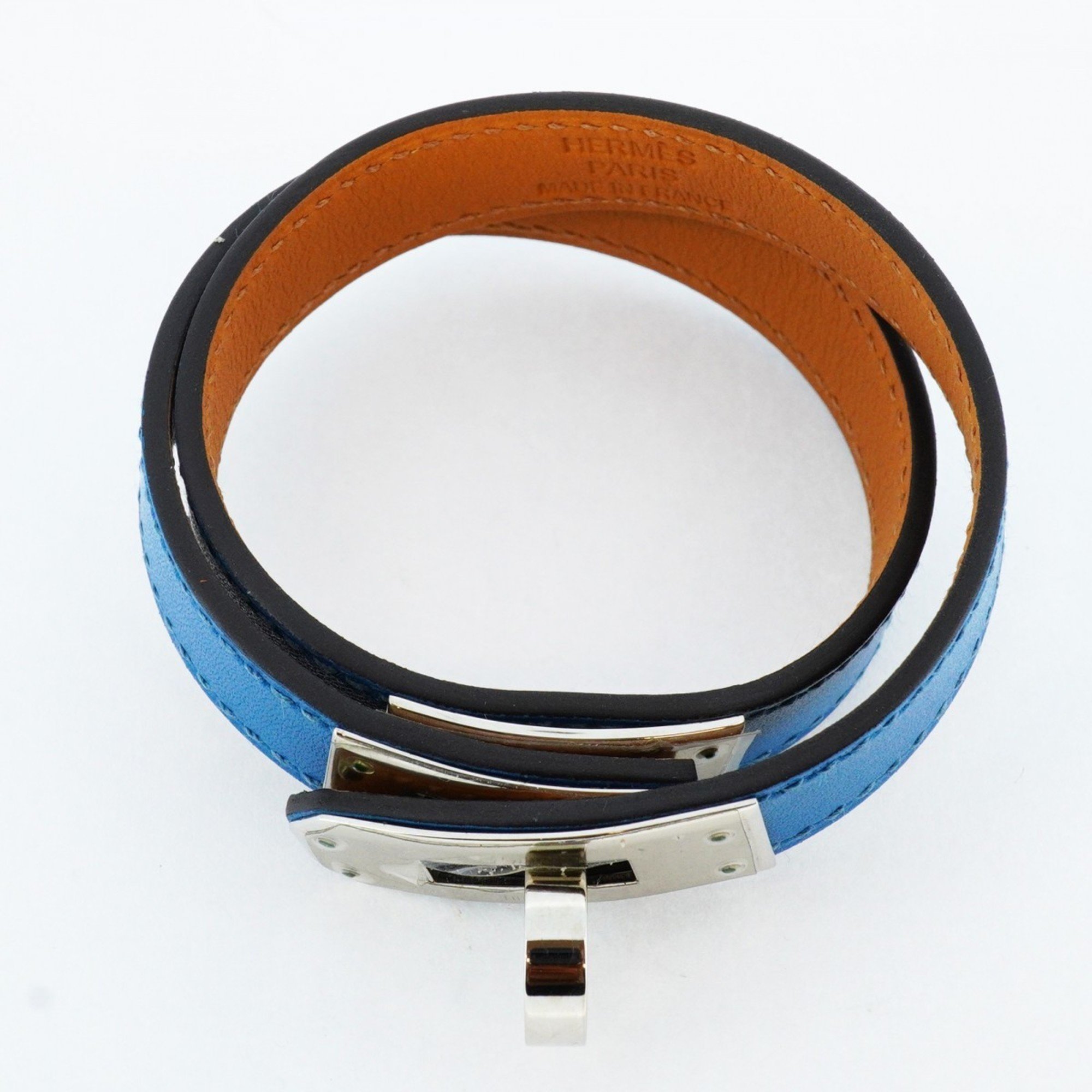 Hermes Bracelet Kelly Double Tour Metal Leather Silver Blue Brown □Q Engraved Ladies