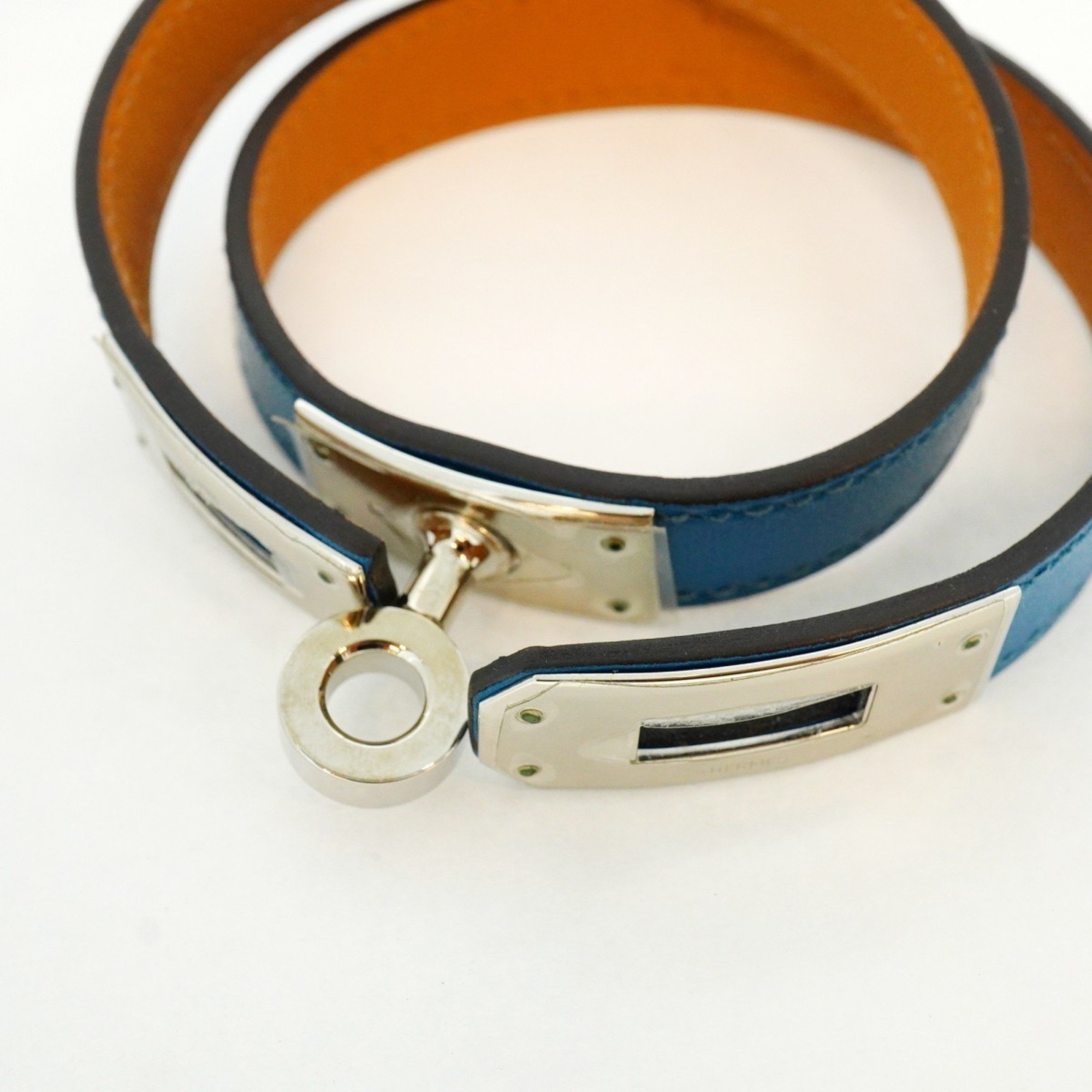 Hermes Bracelet Kelly Double Tour Metal Leather Silver Blue Brown □Q Engraved Ladies