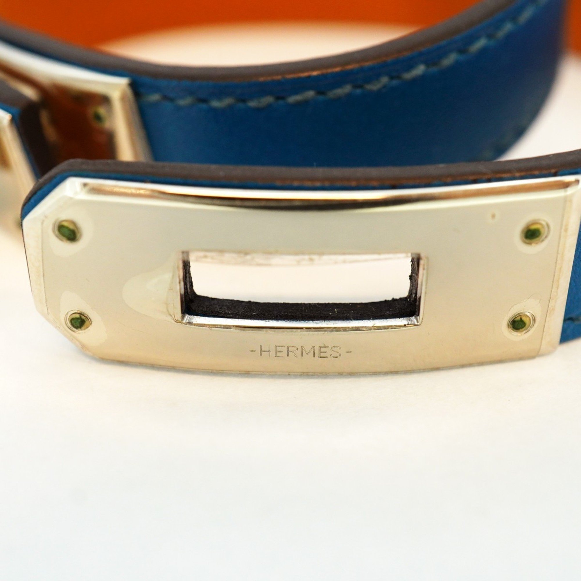 Hermes Bracelet Kelly Double Tour Metal Leather Silver Blue Brown □Q Engraved Ladies