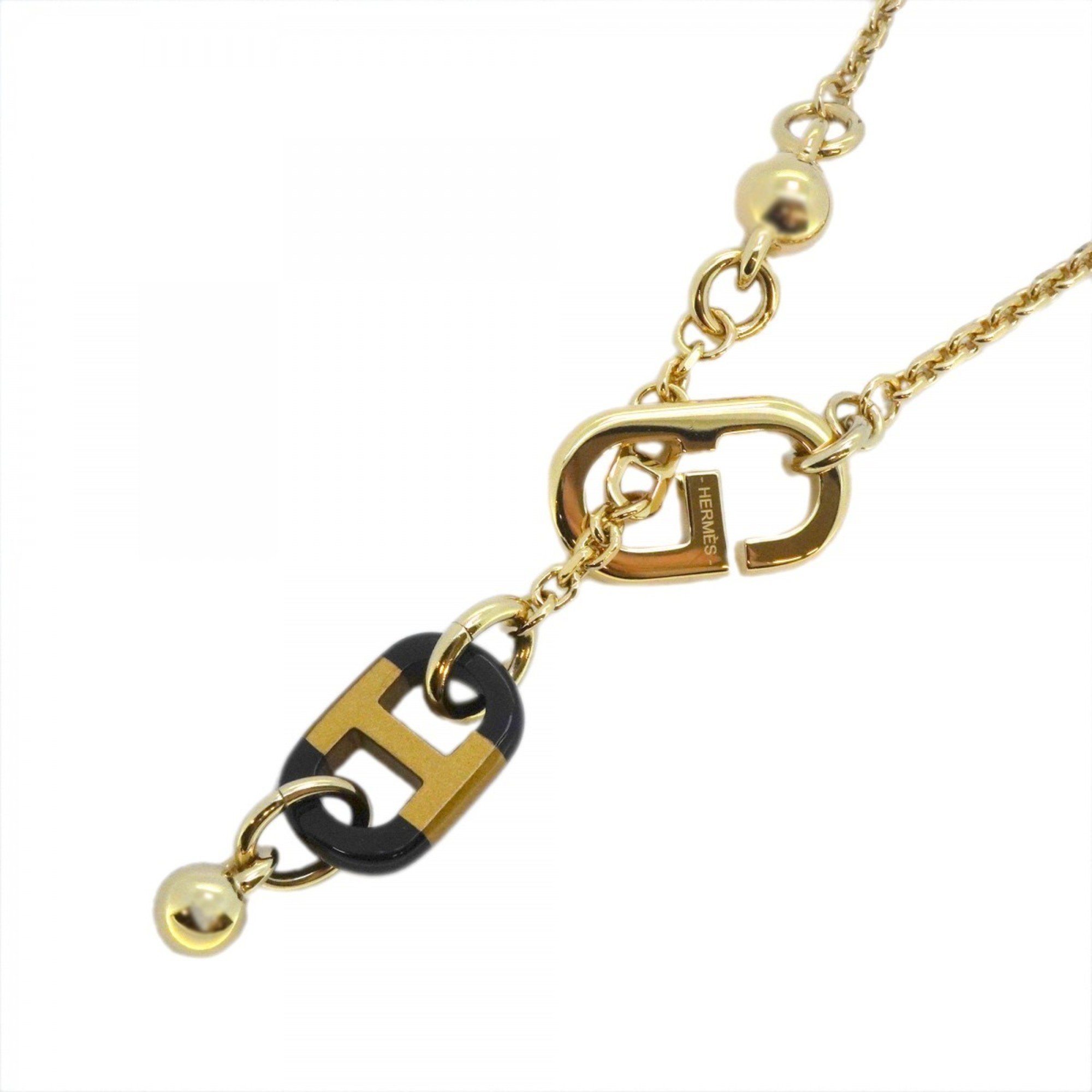 Hermes Necklace Sur Mer GP Plated Buffalo Horn Gold Black Ladies