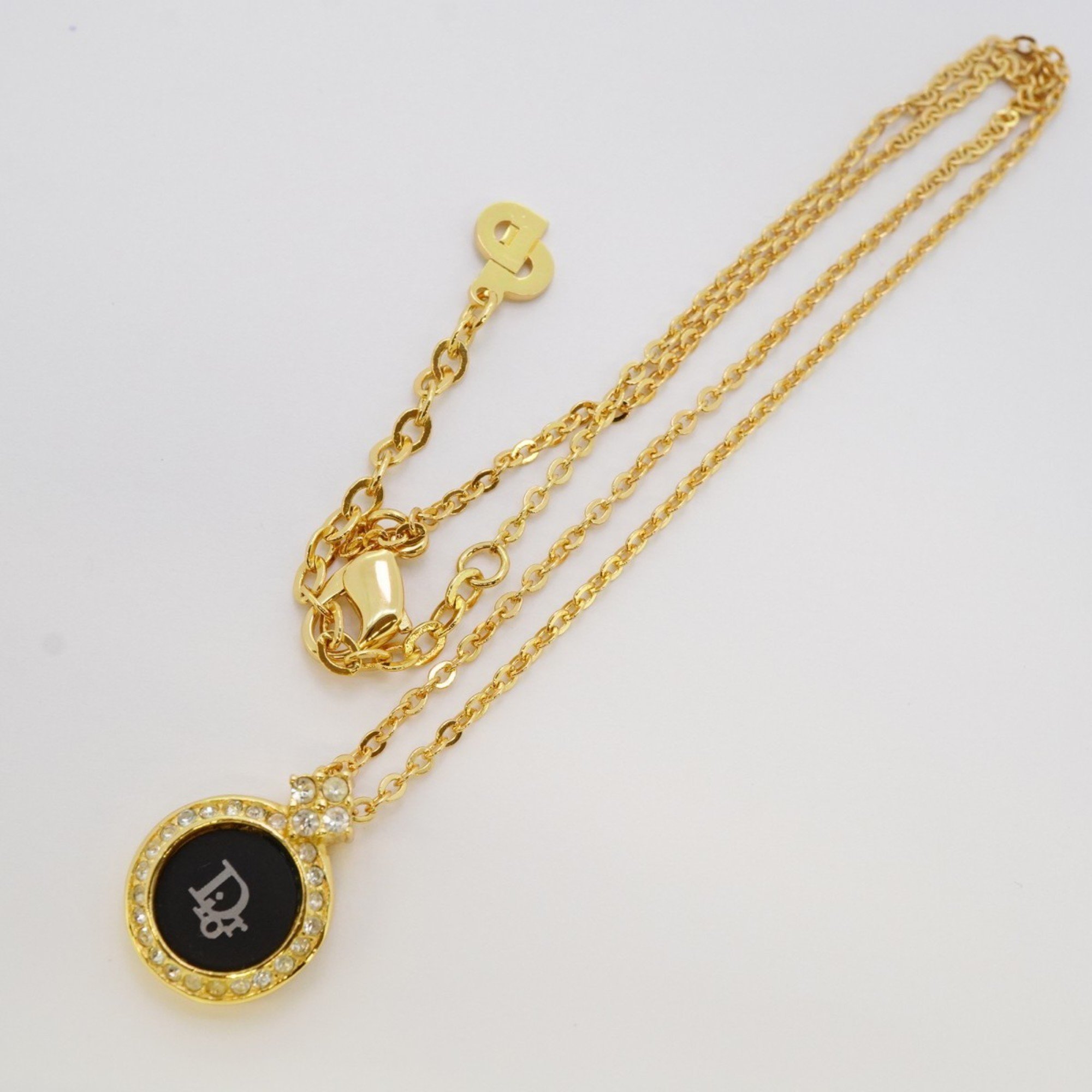 Christian Dior Necklace Circle Rhinestone GP Plated Gold Black Women's