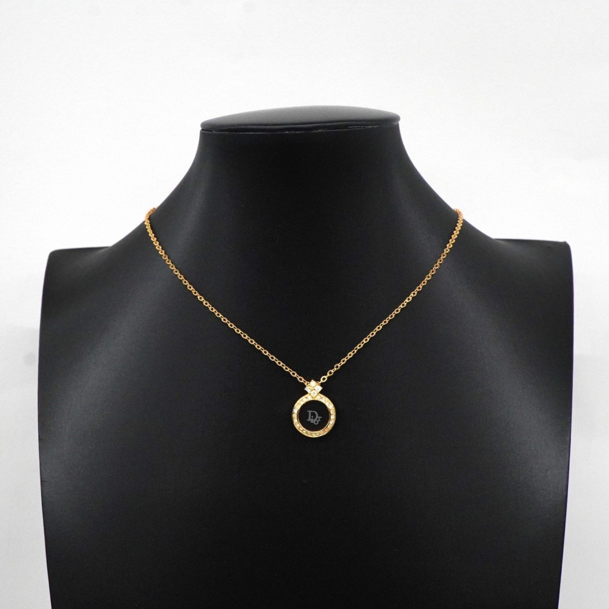 Christian Dior Necklace Circle Rhinestone GP Plated Gold Black Women's