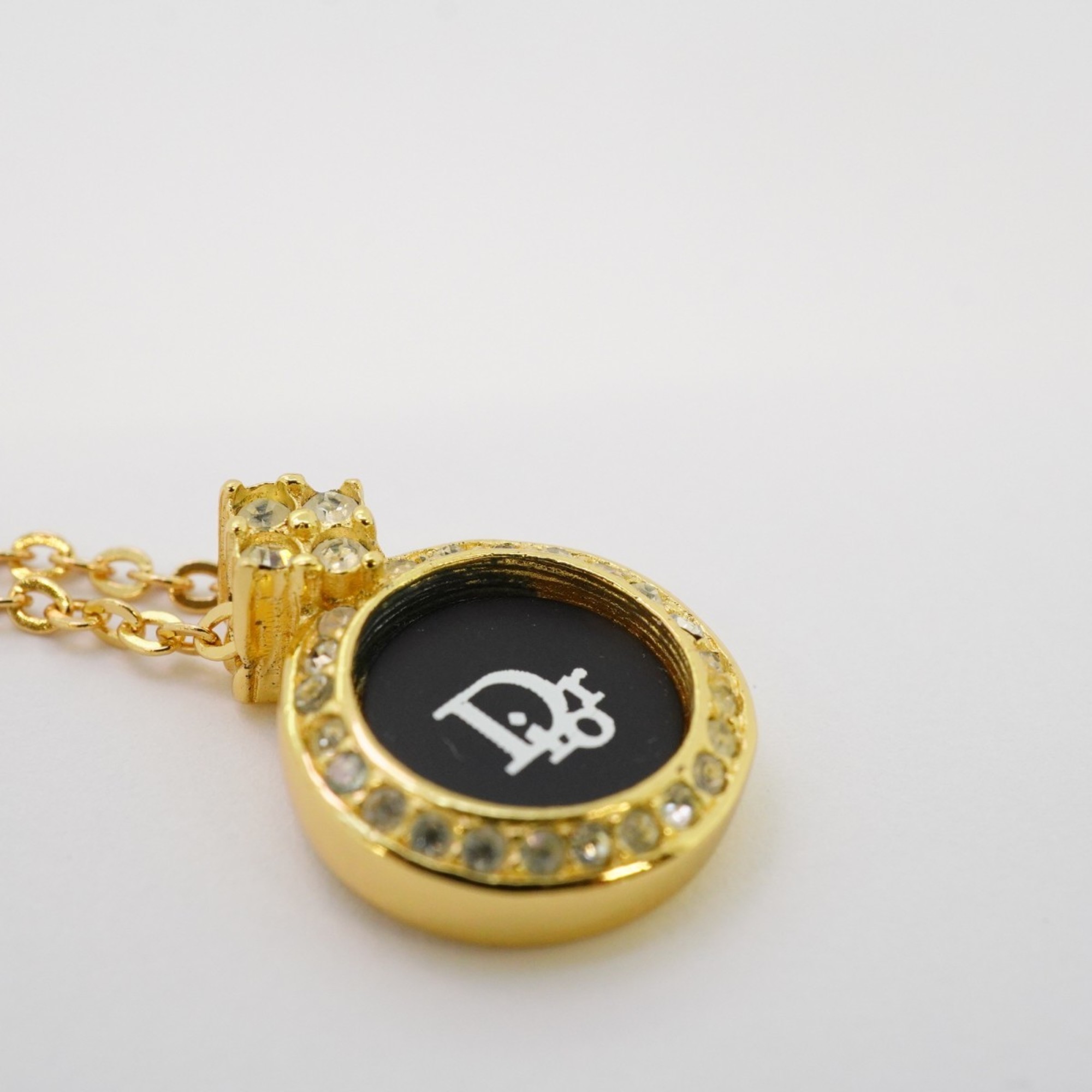 Christian Dior Necklace Circle Rhinestone GP Plated Gold Black Women's