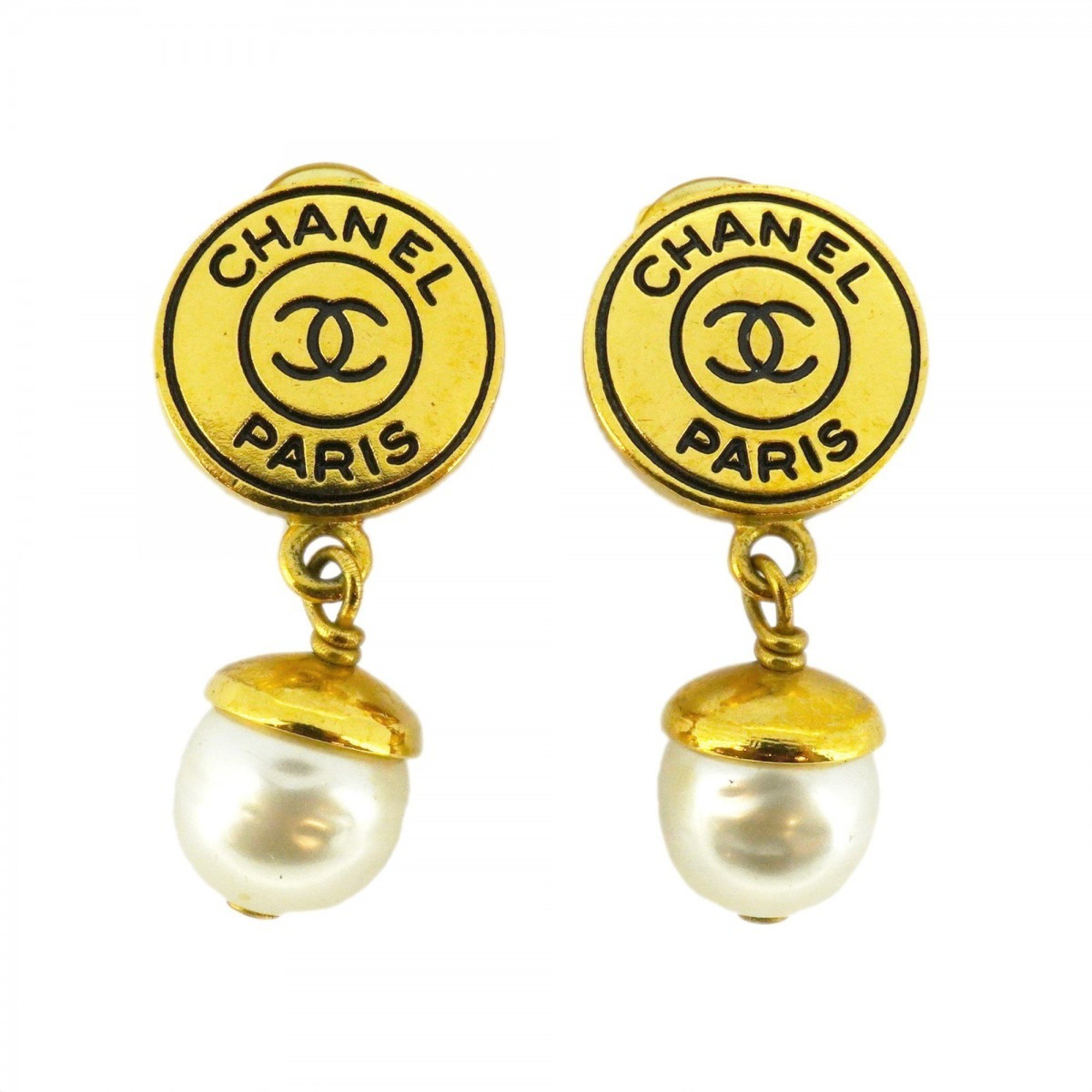 Chanel Earrings Coco Mark Circle Fake Pearl GP Plated Gold Ladies