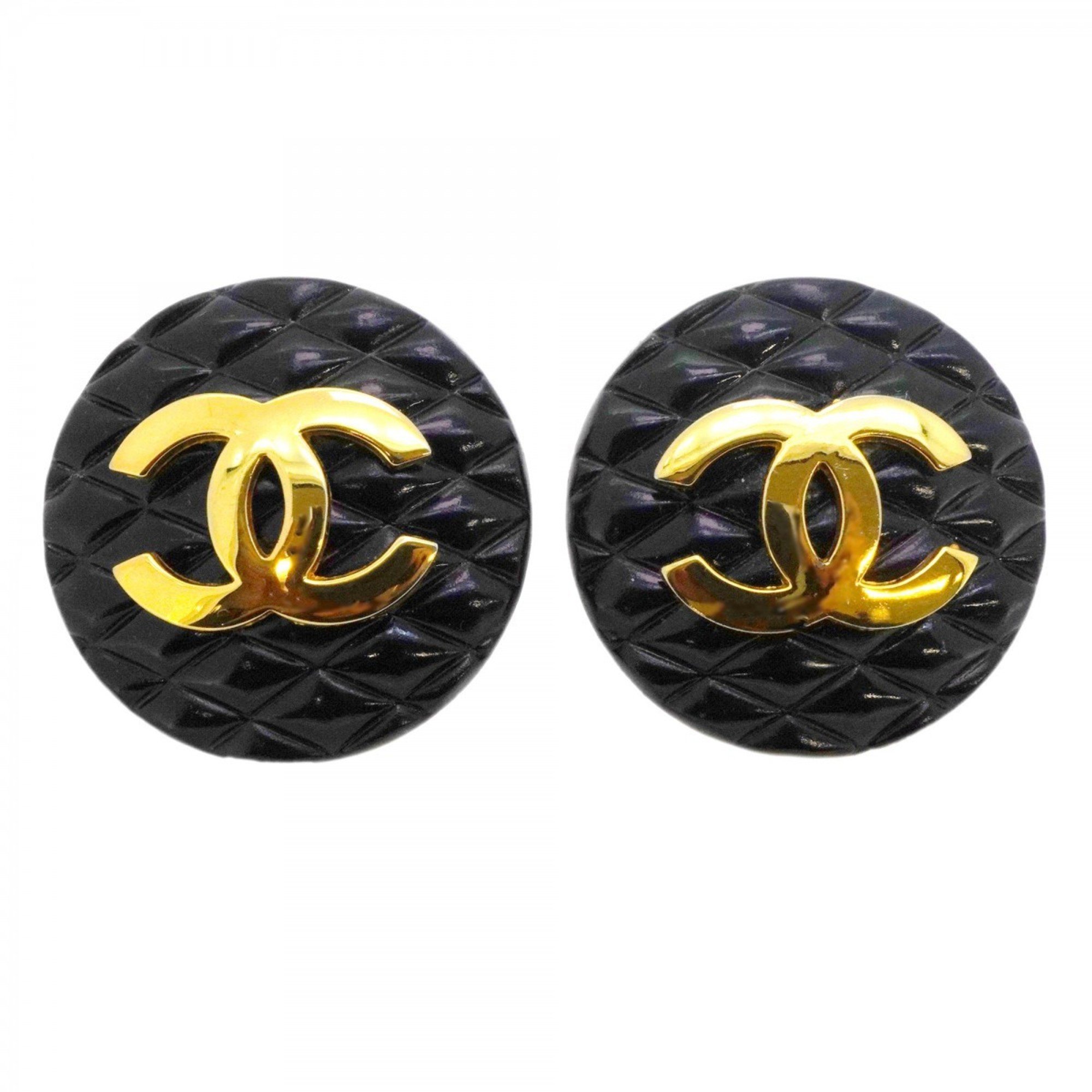 Chanel Earrings Coco Mark Matelasse Circle Plastic GP Plated Gold Black Ladies