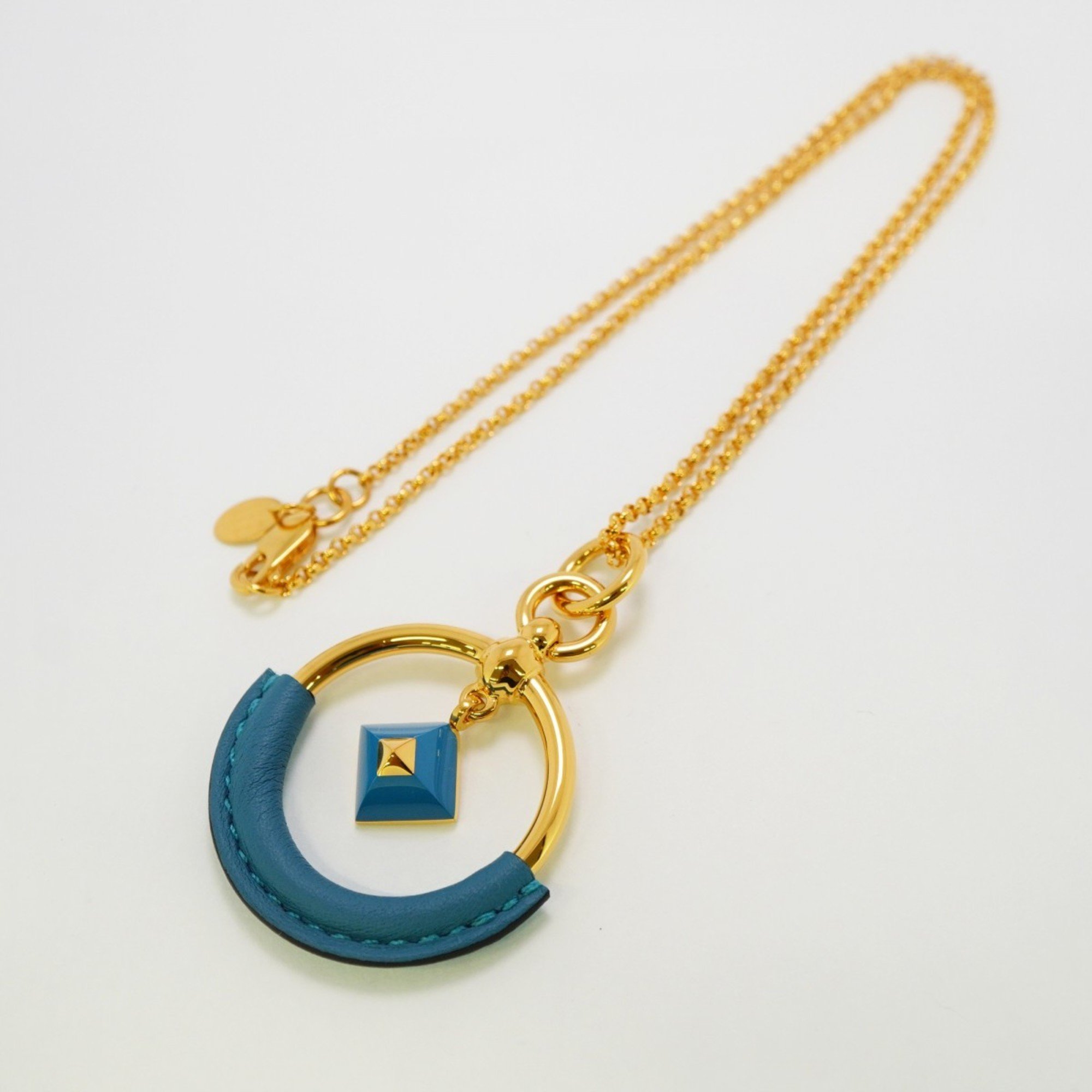 Hermes Necklace Loopmedor GP Plated Leather Gold Blue Ladies