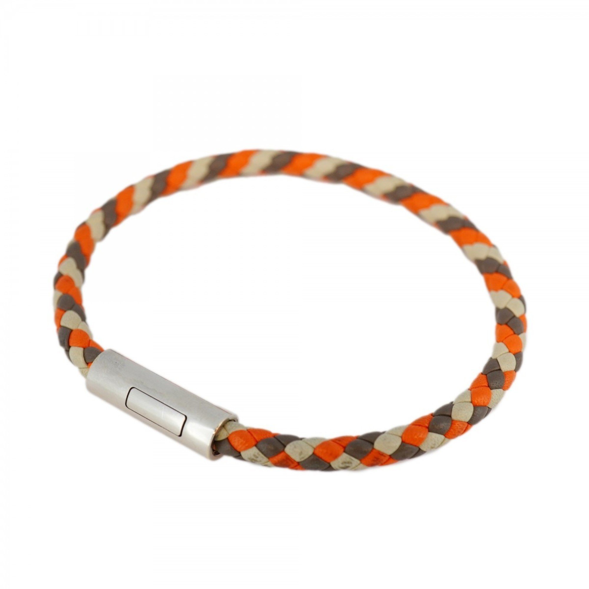 Hermes Bracelet Goliath Metal Leather Silver White Orange Brown Men Women