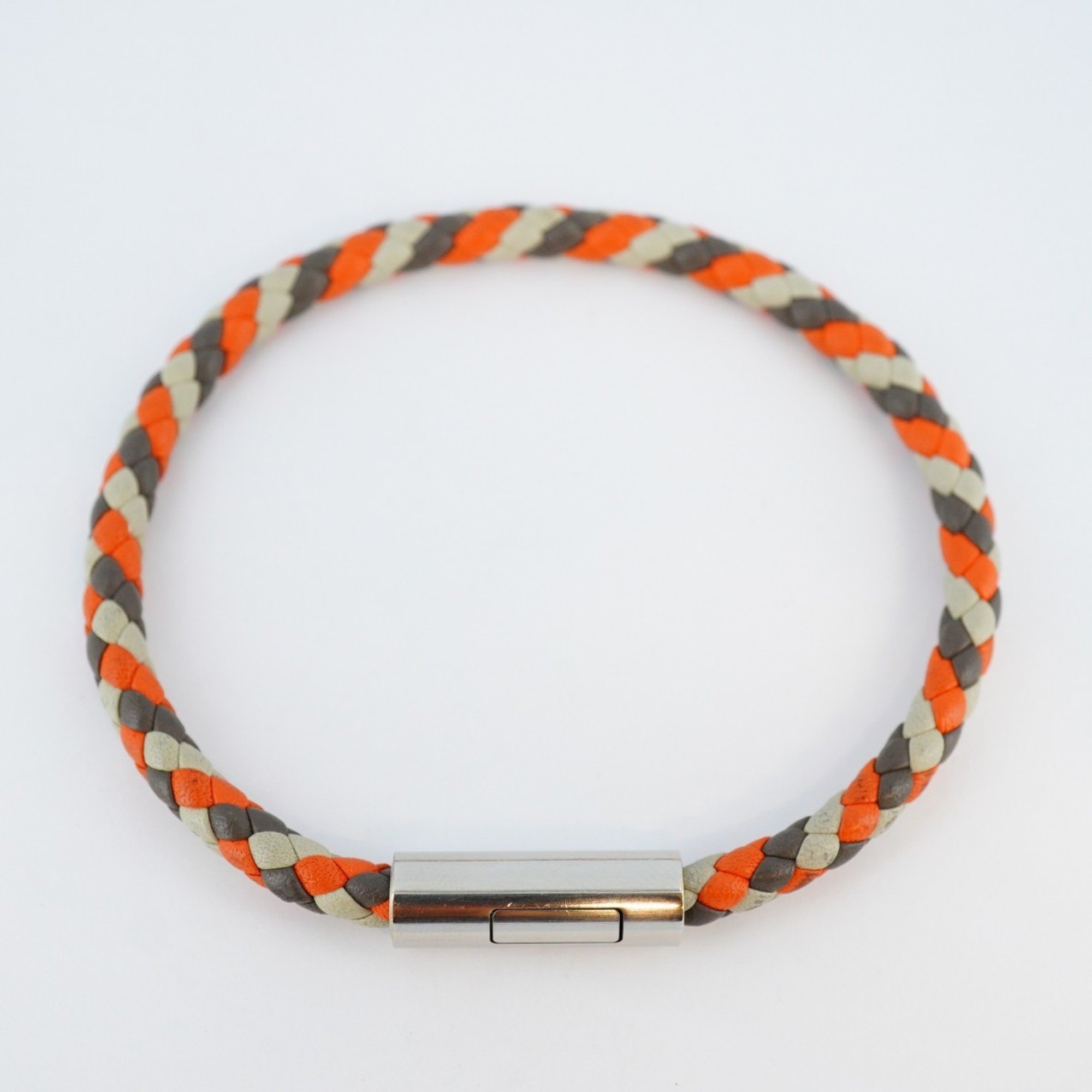 Hermes Bracelet Goliath Metal Leather Silver White Orange Brown Men Women