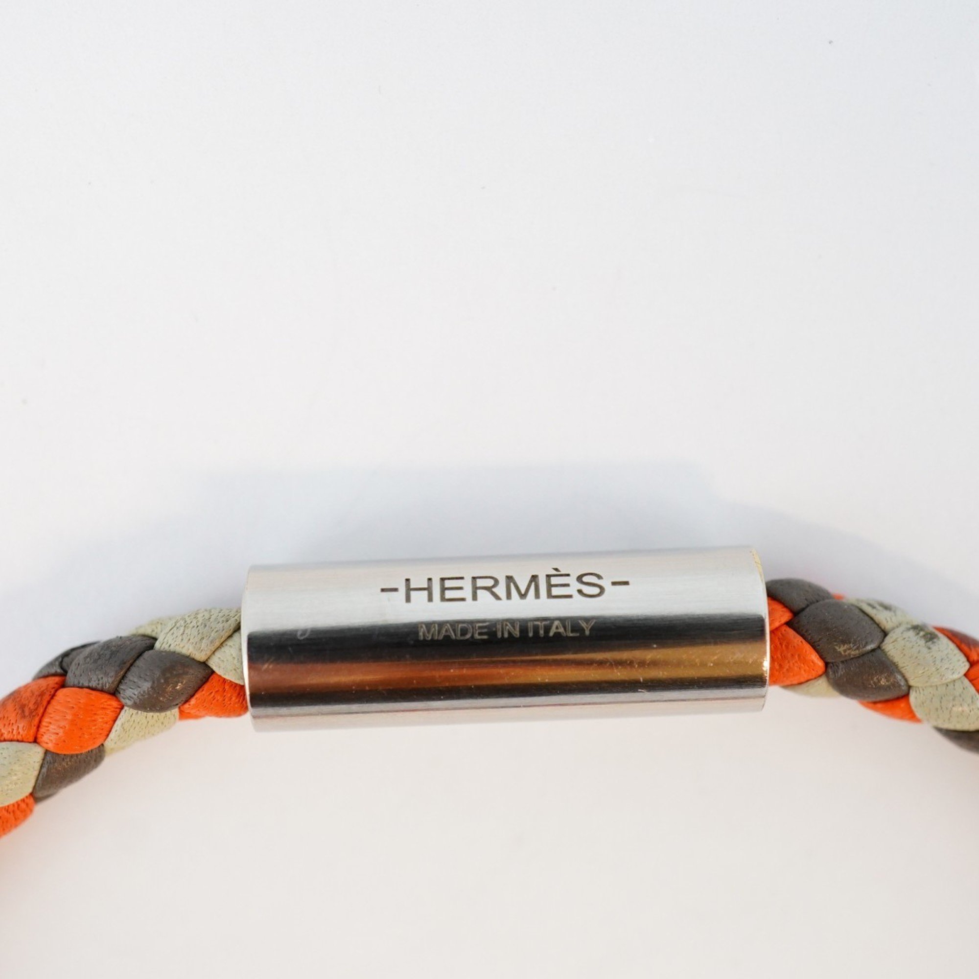 Hermes Bracelet Goliath Metal Leather Silver White Orange Brown Men Women